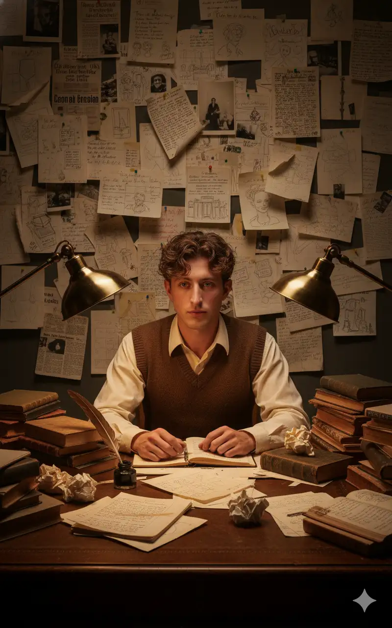 An ultra-realistic image of a man sitting at his desk, staring at a wall covered in messy pasted papers, notes, and drawings. He wears classic/modest writer's attire, such as a long-sleeved shirt and a simple vest. On the desk are stacks of books, notebooks, scattered papers, a pen, and inkwell, creating a sense of intense intellectual work and creative flow. Warm, dramatic lighting from desk lamps partially illuminates the scene, creating shadows and depth. The atmosphere is intimate, slightly cluttered, suggesting intense concentration and literary inspiration. The camera is at medium height (from the desk upwards), and hyper-realistic textures appear on clothing, skin, papers, and objects. A cinematic style, warm, earthy colors, and a contemplative atmosphere, charged with creativity, reminiscent of a writer's bedroom immersed in his work.