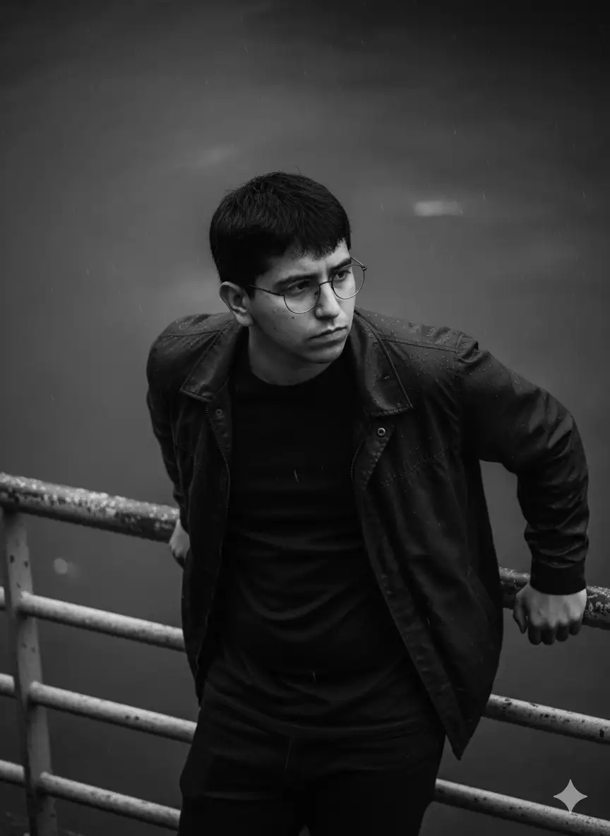 "A dramatic black and white high-angle shot of a young man with a serious expression. He is leaning against a metal railing, looking off to the side. The background is blurred, showing a dark, possibly watery or textured surface. The image has a gritty, urban feel."