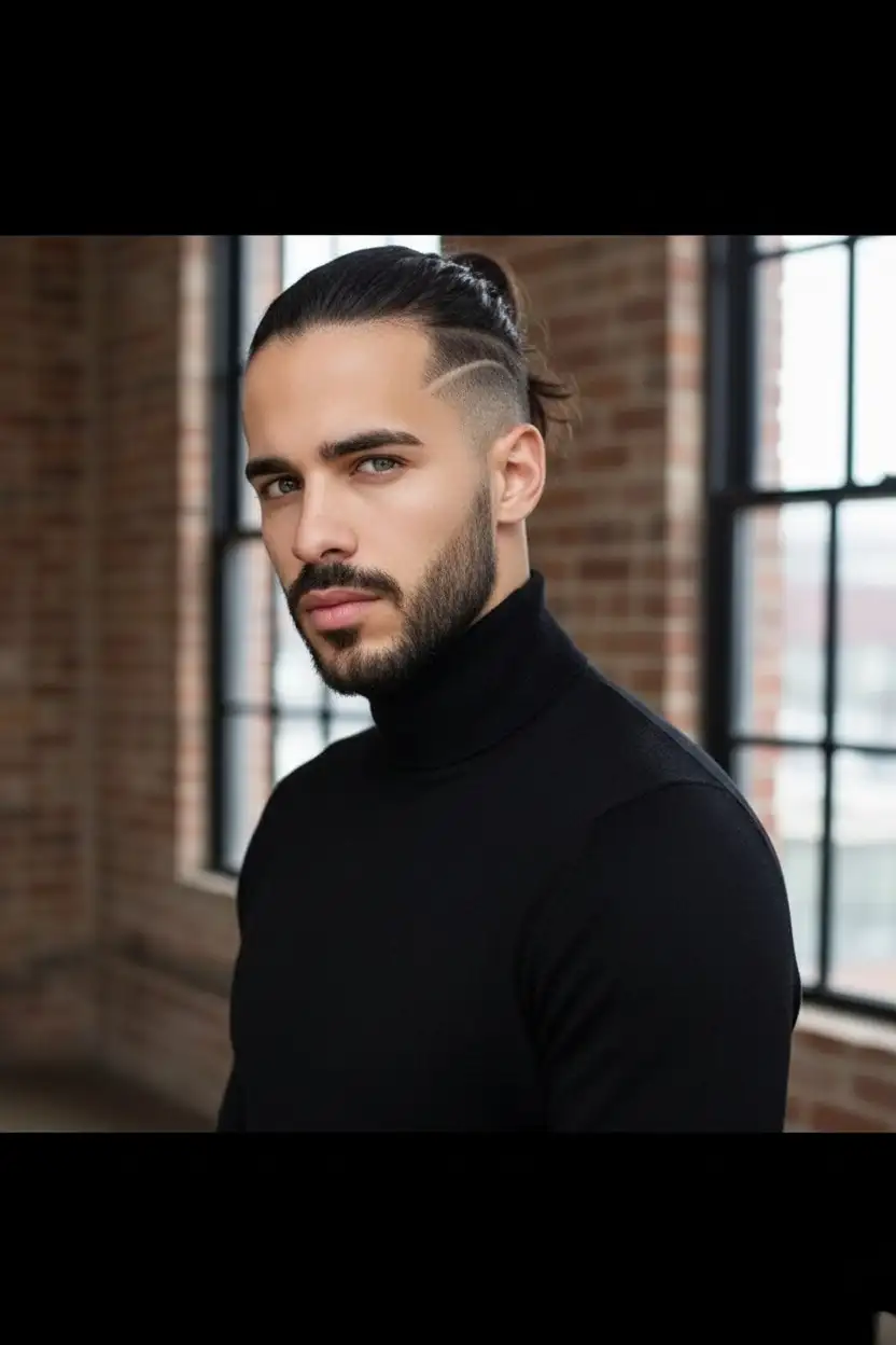 Manten el rostro sin cambiarlo o modificarlo 


Cabello: Largo, recogido en moño alto (man bun) con rapado lateral y línea marcada.

Ropa: Cuello de tortuga negro, elegante y minimalista.

Estilo: Urbano sofisticado, con un toque hipster.

Lugar: Interior tipo loft industrial (paredes de ladrillo, grandes ventanas).