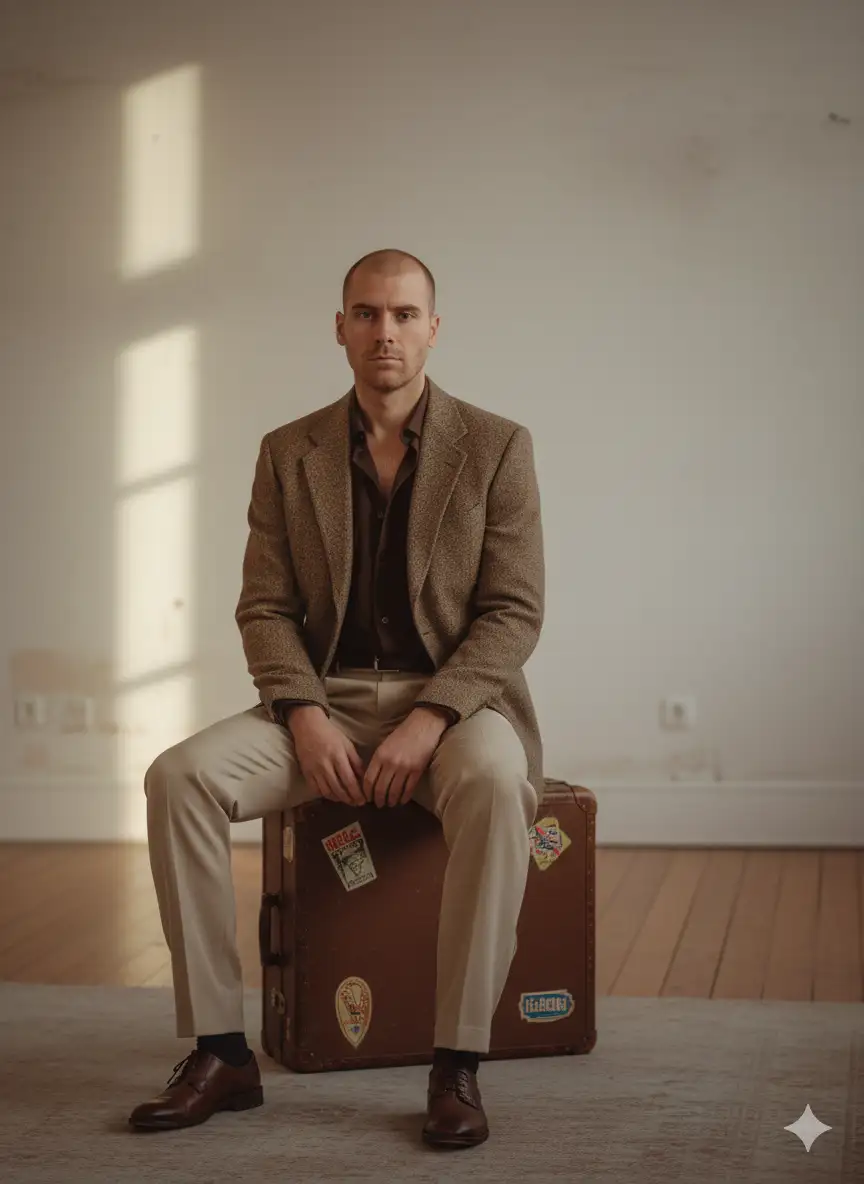 Un joven con estilo, cuyo rostro será el mismo que el de la imagen de referencia, con rasgos definidos manteniendo su estructura osea. Está apoyado casualmente contra una maleta antigua. Viste una chaqueta marrón texturizada sobre una camisa marrón oscuro con cuello abierto, ligeramente desabrochada en la parte superior, combinada con pantalones plisados ​​de cintura alta de color beige claro y un cinturón oscuro. La estética es elegante y de inspiración retro, con tonos tierra. Fondo interior minimalista, iluminación natural cálida y cinematográfica. La persona es delgada y mide 185 cm