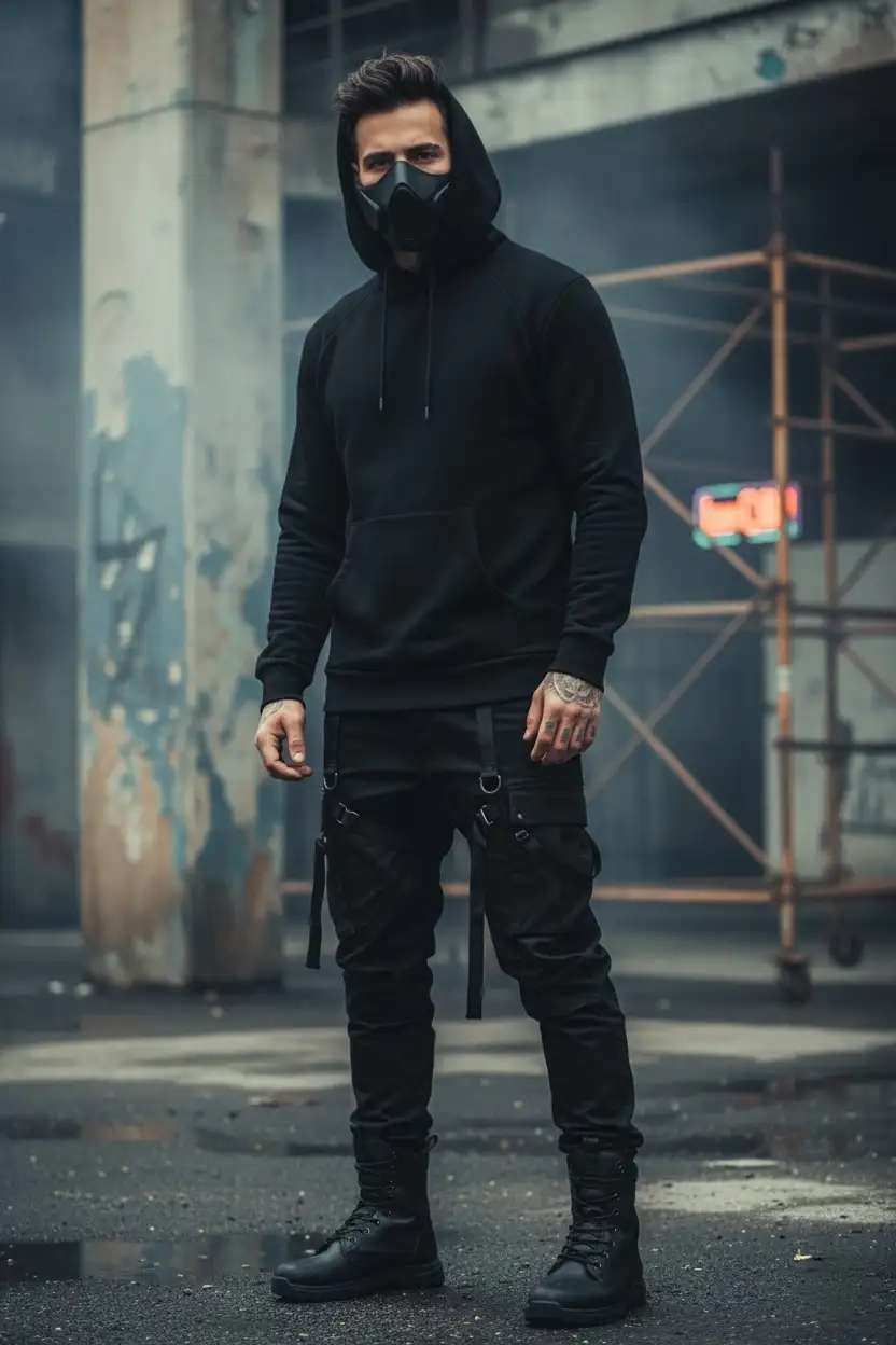Mantén el rostro sin cambiarlo o modificarlo
Cabello: Corto, con mechones sueltos.

Ropa: Total black outfit, estilo tactical con hoodie, máscara, pantalón cargo y botas.

Estilo: Darkwear / techwear.

Lugar: Espacio urbano/industrial decadente.
