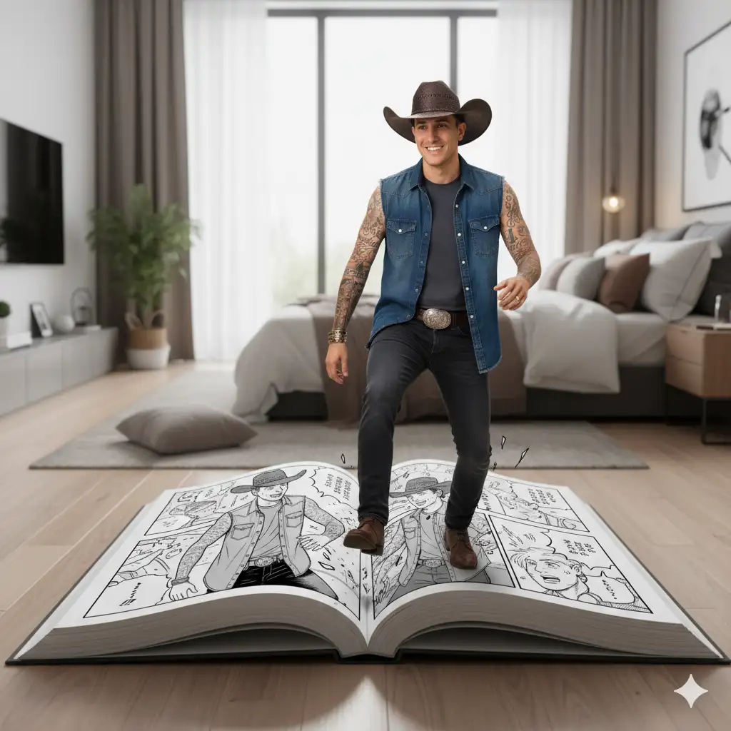 Ultra-realistic 8K scene of the person in the photo, stepping out of and breaking the panel border of a giant open manga book lying on the floor of an aesthetic bedroom. The comic pages depict a surreal 4-panel black-and-white manga with screentones, bold ink lines, and authentic Japanese layout, featuring the manga version of the same person trapped inside. The larger, real-life version emerges dynamically into the comic’s surface, vibrant, colorful, and photorealistic, in sharp contrast to the monochrome manga world. Both versions interact directly, creating a meta, humorous encounter. Highly detailed, crisp manga line art seamlessly integrated with vivid, realistic.