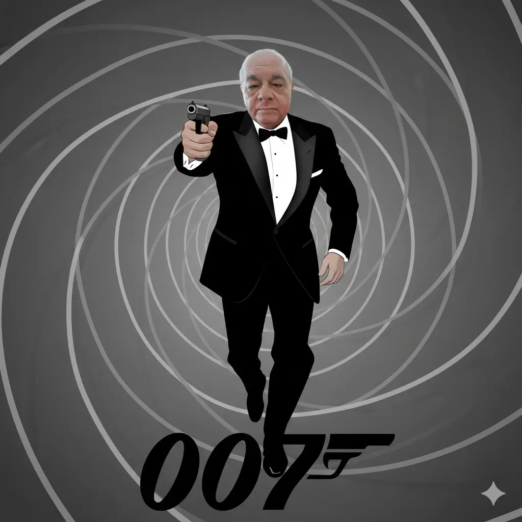 La imagen es un póster de estilo gráfico y monocromático, predominantemente en tonos de blanco, negro y gris, con algunos toques sutiles de color en el fondo. Presenta a un hombre (imagen uno como referencia de su rostro) como James Bond, la icónica figura central.
​El hombre está representado de cuerpo entero, inclinado y corriendo dinámicamente hacia el espectador y apuntando una pistola con su mano derecha extendida. Viste el clásico esmoquin de James Bond: una chaqueta de traje negra con solapas, una camisa blanca y una pajarita. Su postura es dinámica y decidida.
​Detrás de él, se desarrolla el característico diseño de cañón de pistola de las películas de James Bond, una espiral concéntrica que crea un efecto de túnel. Este diseño también es monocromático, con las líneas de la espiral alternando entre tonos oscuros y claros.
 Debajo de eso, de manera mucho más prominente, se encuentra el número "007" estilizado, con el "7" incorporando el diseño de una pistola (cómo se ve en la imagen 2).
​En general, la imagen captura la esencia clásica y sofisticada de James Bond, utilizando un estilo visual impactante y fácilmente reconocible.
Crea la imagen manteniendo completamente íntegros todos los rasgos físicos y corporales del rostro de la imagen 1 adjunta y teniendo cuidado también de respetar el diseño mostrado en imagen 2.