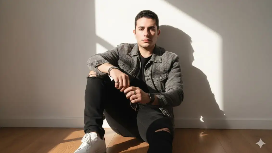 Retrato ultrarrealista de cuerpo entero de un joven elegante sentado casualmente en el suelo en el interior, apoyado contra una pared lisa de color blanquecino con la luz del sol proyectando una sombra suave.
Atuendo: una camiseta negra de cuello redondo en capas con una chaqueta acolchada de jeans gris descolorido, combinada con jeans negros desgastados y zapatillas blancas. Los accesorios incluyen un reloj Apple, una pulsera y anillos plateados. Su pose es relajada con una rodilla doblada hacia arriba y las manos descansando juntas sobre su regazo. La iluminación es la cálida luz del sol natural desde un lado, lo que crea un contraste dramático y un ambiente cinematográfico. Alto detalle, enfoque nítido, estilo editorial de moda, la foto debe coincidir con la entregada.