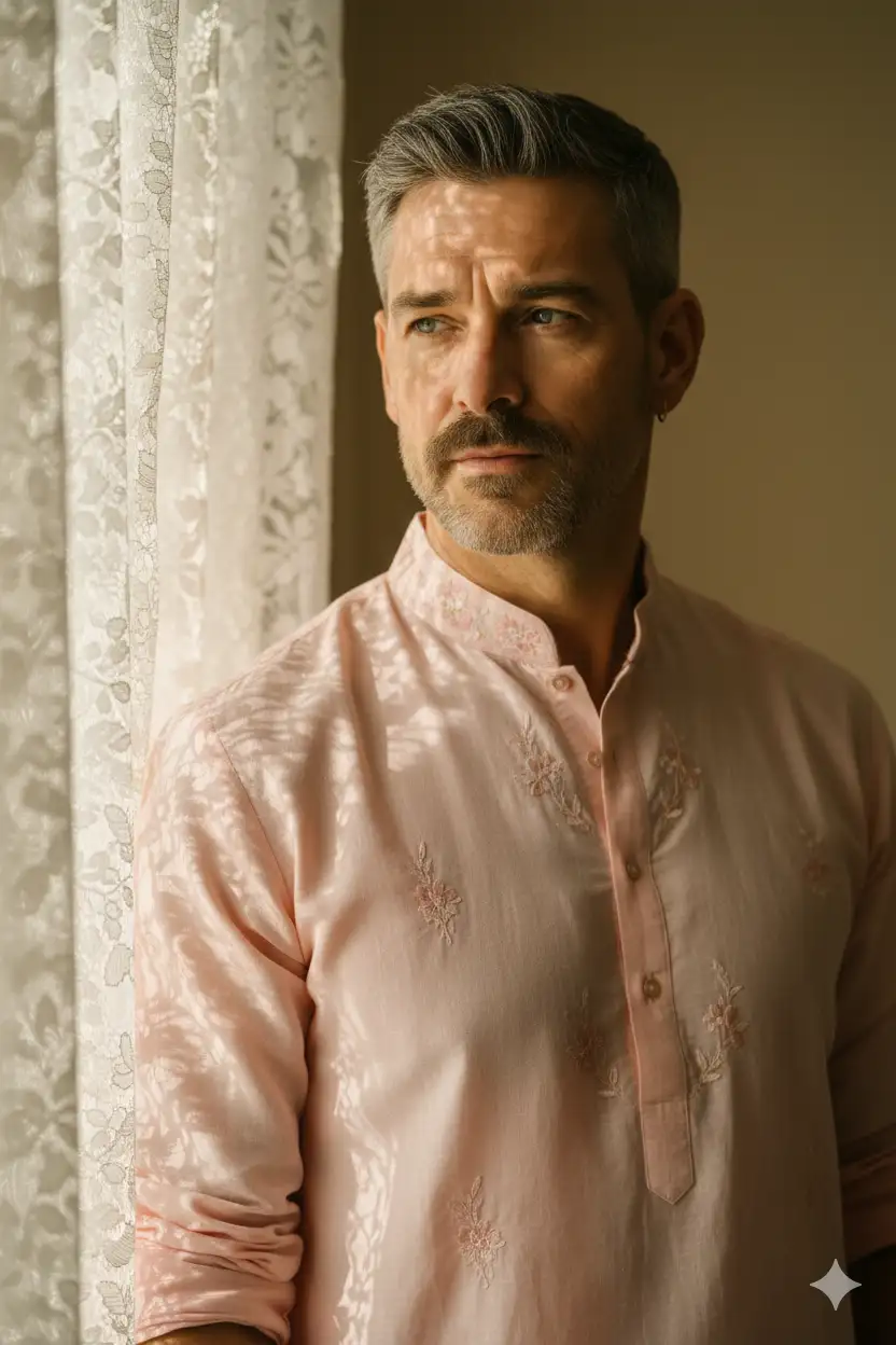 A cinematic ultra-realistic portrait of a young man standing near a softly lit window with sheer lace curtains, sunlight gently falling on his face and casting delicate patterns. His expression is calm and thoughtful, with a natural and composed look. He has neatly styled hair, with a few strands softly framing his face. He is wearing a pastel-colored traditional kurta in light pink with subtle floral embroidery, reflecting elegance and simplicity. The fabric of the kurta is lightweight, flowing, and captures the soft golden glow of natural daylight. His posture is relaxed, one arm slightly resting at his side, creating an aura of grace and quiet charm. The background is minimal with warm beige tones, keeping the focus entirely on him.
Ultra HD 8K Resolution, Ratio 9:16, keep my face 100% same as in the reference image.