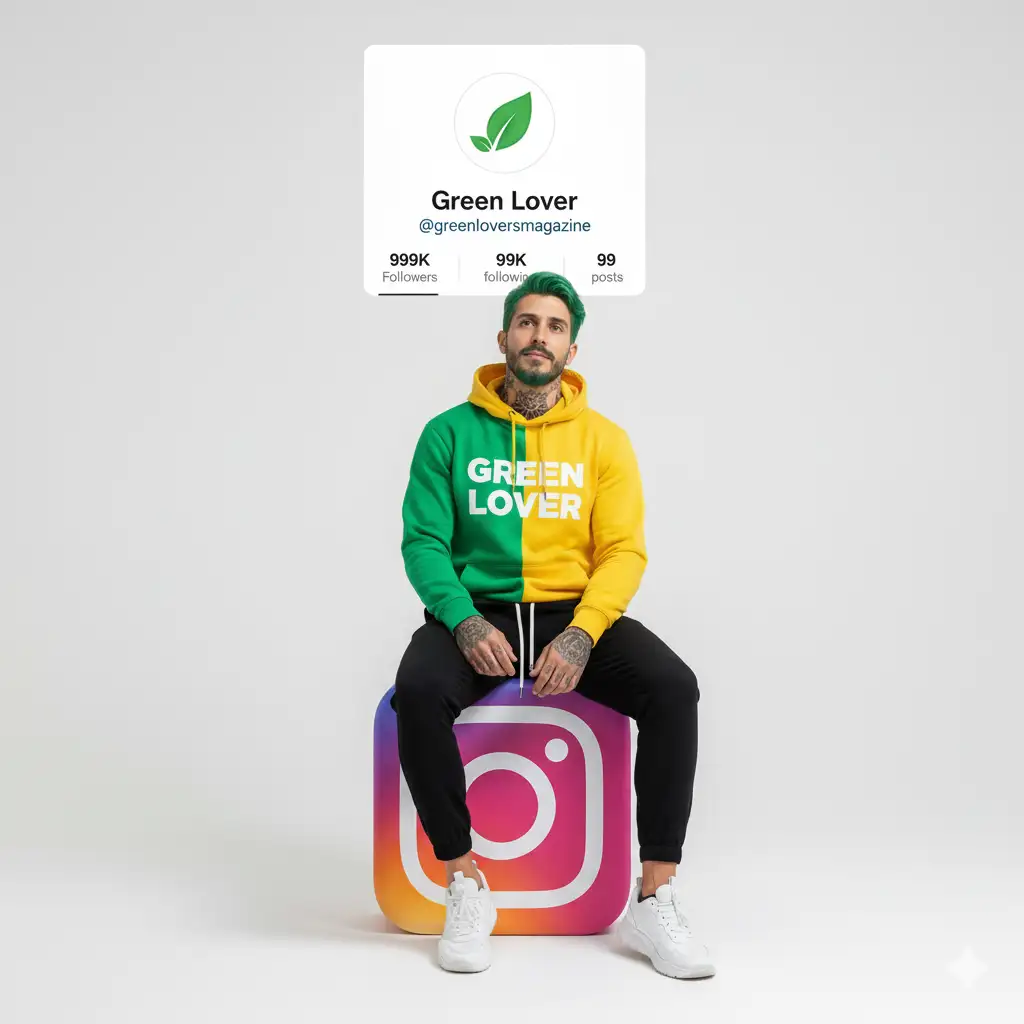 Create a hyper-realistic image in vertical format 9:16. Show a young Athletic person (use the uploaded picture as reference for the face). The person is sitting in a relaxed way on a large 3D logo of Instagram in vibrant colours. Wear modern urban clothing:
Coloured hoodie green and yellow with the 'GREEN LOVER' logo, black jogger pants and white sneakers.
In the background, a large profile card of Instagram identical to a real profile appears, with realistic details: name 'Green Lover; user '@greenloversmagazine, 999K Followers, 99K following and 99 posts.
The background should be clear, minimalist style, soft lighting, professional, fresh and youthful look, ideal as a social network cover.