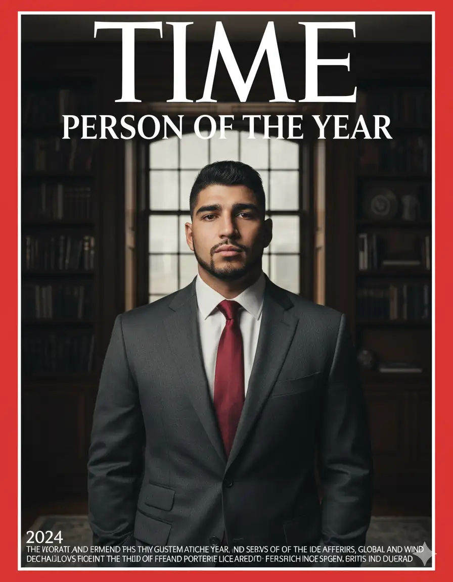 Create a Time Magazine cover-worthy portrait with authoritative pose, professional attire, and sophisticated background setting. Include the iconic red border frame, Time logo, and "Person of the Year" typography with appropriate year designation.