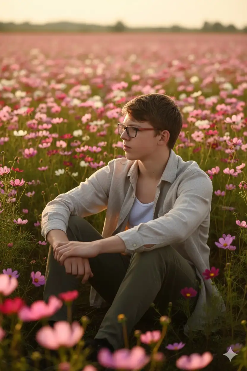 Hyperrealistic portrait of a person in a vast field of vibrant Mexican Cosmos bipinnatus flowers at golden hour. Using the reference image as a STRICT source, preserve the EXACT likeness, facial structure, body proportions, and natural hair.
The person is either:
1) Sitting peacefully on the ground, knees bent, arms resting on knees, with a soft contemplative gaze to the side, OR
2) Lying relaxed on their back, seen from directly above, with one knee bent and arms resting loosely at their sides.
They wear a lightweight, unbleached linen shirt over a white tank top, with loose-fit olive green cotton trousers.
The scene is bathed in warm, diffuse golden hour sunlight, creating a cinematic and deeply peaceful atmosphere. The vibrant pink and white flowers fill the frame.
cinematic, fine art photography, golden hour, hyper-detailed textures, earthy tones, contemplative, atmospheric, [eye-level perspective | aerial view] --v 6.0 --style raw --ar 2:3