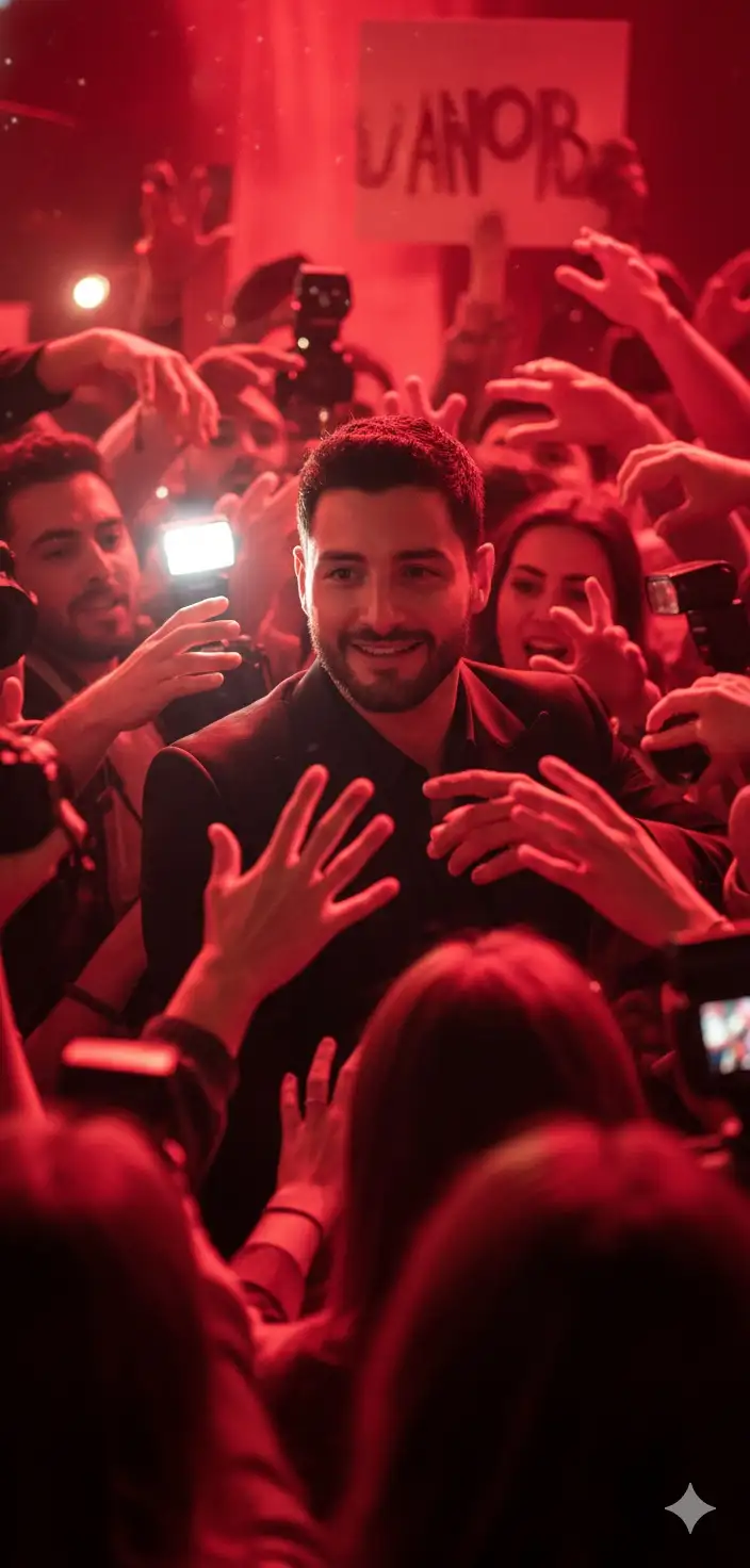 A MALE ACTOR SURROUNDED BY EXCITED FANS, FLASHES AND HANDS REACHING OUT, RICH RED COLOR PALETTE, GLAMOROUS CINEMATIC ALIGHTING, HIGH-
CONTRAST STUDIO PORTRAIT, INTENSE AND EMOTIONAL ENERGY, ULTRA-REALISTIC. 9:16. Don't change facial features