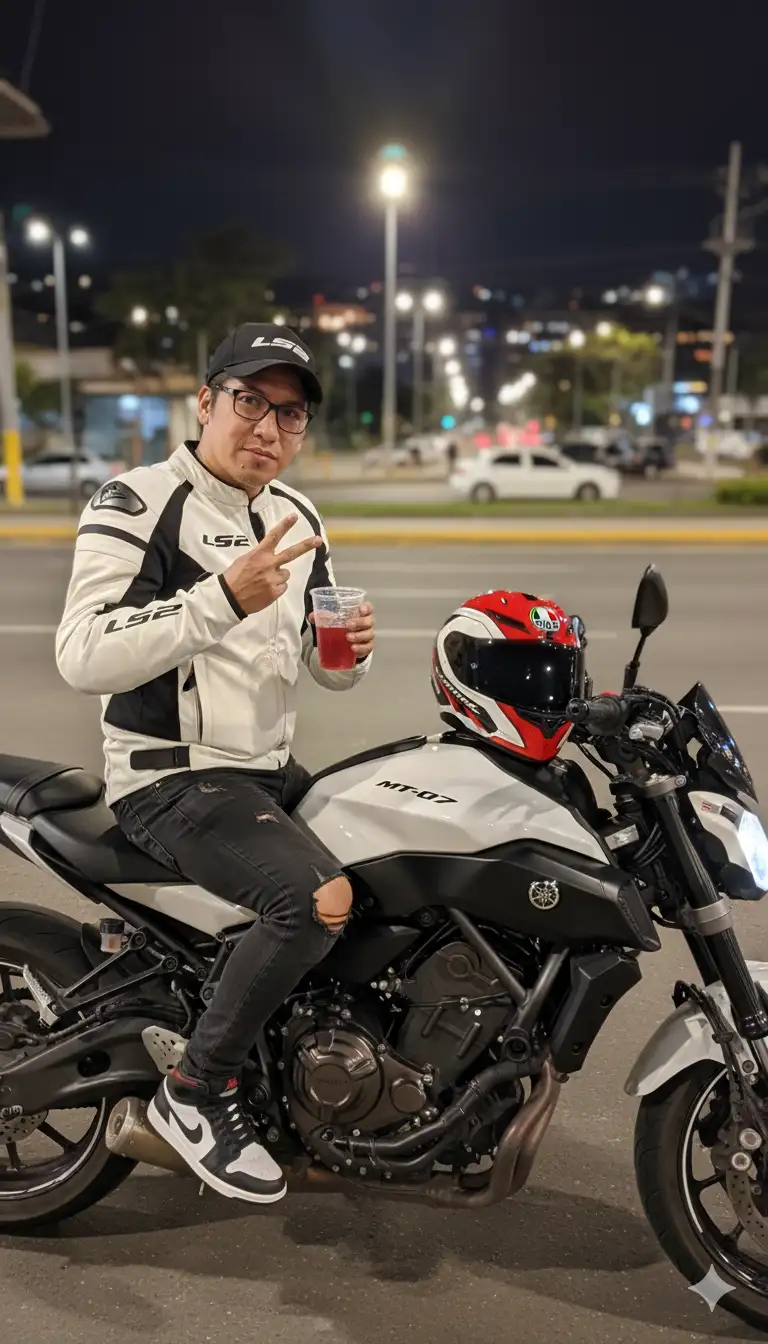 Crea un selfi nocturno ultrarrealista de la persona en la foto subida, conservando el 100 % de sus rasgos faciales, expresión, gafas y gorra de béisbol exactamente como en la referencia. El selfi debe verse como si se hubiera tomado de forma natural con un teléfono inteligente, con la cámara sostenida con el brazo extendido frente a él. Está sentado casualmente sobre el asiento de una Yamaha Mt 07 del 2018 color blanca con sus emblemas en color negro que resalte en el tanque. Lleva una chamarra ls2 blanco, vaqueros oscuros rotos, una gorra de béisbol negra y zapatillas Nike Jordan. Tiene un casco agv pista color rojo con blanco puesto sobre el tanque de la moto, sostiene un vaso de plástico transparente lleno de una bebida roja en la mano derecha. Con la mano izquierda, hace el signo de la paz (V). La escena urbana nocturna de la tribuna del sur en Quito es visible en el fondo suavemente desenfocado, con farolas, la avenida y coches aparcados. La iluminación debe ser realista, como las farolas naturales por la noche, con suaves reflejos en la moto, las gafas y los accesorios Estilo: Selfie nocturno ultrarrealista, perspectiva natural del smartphone, tonos cálidos, profundidad de campo realista, contraste suave, texturas precisas, composición de selfie dinámica pero creíble alejada que se pueda ver la moto y la persona completamente 

Indicación negativa:
"sin cámaras adicionales, sin equipo de cámara visible, sin reflejos en el objetivo, sin distorsiones, sin cara borrosa, sin deformación corporal, sin extremidades adicionales, sin manos duplicadas, sin partes del cuerpo fuera del encuadre, sin artefactos, sin texto, sin marca de agua, sin fallos de IA, sin iluminación poco realista, sin desenfoque excesivo, sin piel de plástico, sin fondo incorrecto, sin accesorios faltantes, sin cambios en la cara, gafas o gorra, sin forma de cara diferente, sin ropa incorrecta, sin objetos recortados, sin efectos surrealistas, sin exageración cinematográfica, sin perspectiva antinatural."