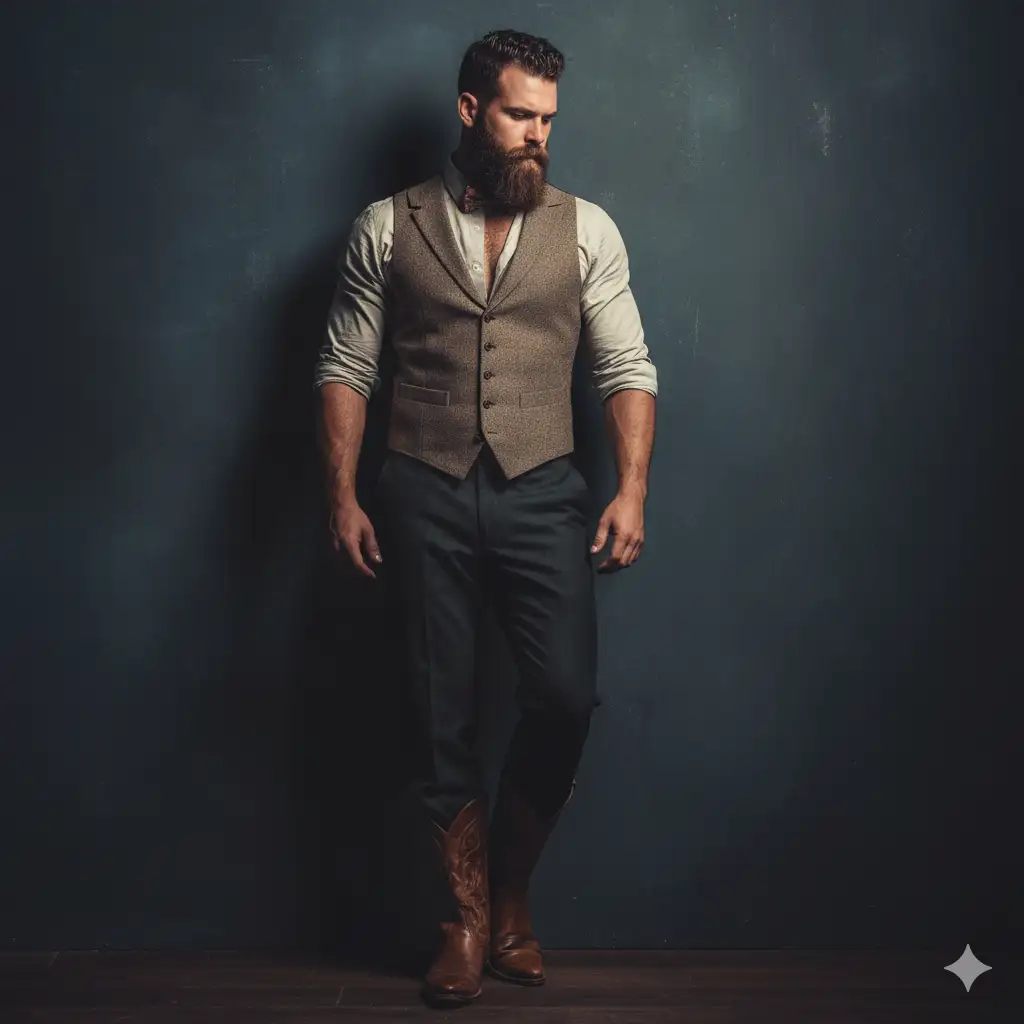 Retrato de estudio a color, hiperrealista y cinematográfico, de un hombre carismático con barba espesa y complexión definida (idéntica a la foto de referencia), apoyado en una pared oscura con textura. Su postura es tranquila pero cargada de tensión interior, con la cabeza ligeramente inclinada hacia abajo y la mirada absorta en una silenciosa reflexión.

Viste un atuendo elegante y distintivo: pantalones de vestir oscuros de corte perfecto, "botas vaqueras de cuero marrón o negro" pulido con una sutil pátina, un chaleco ajustado de tela texturizada y una pajarita discretamente anudada. Bajo el chaleco, un cabello ligeramente "corto"