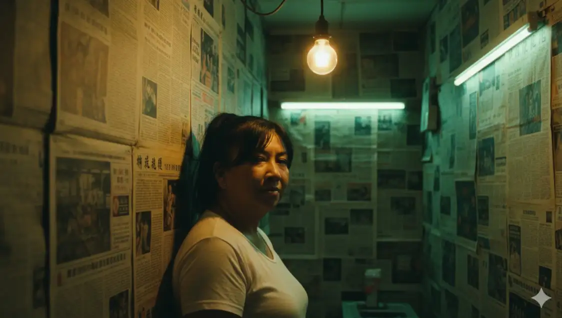 Retrato retro fotorrealista de Hong Kong con un auténtico aspecto cinematográfico de los 90. Utiliza una imagen [O] como referencia para el rostro. De medio cuerpo. La modelo se apoya contra una pared cubierta de periódico, con la mirada suave y el cabello despeinado cayéndole sobre el rostro. Maquillaje, labios brillantes y piel hidratada. Habitación estrecha de Hong Kong, con las paredes cubiertas de periódicos cantoneses viejos y amarillentos. Brillo de lámpara de tungsteno con un ligero tono verdoso. Sombras densas y luces fluorescentes.