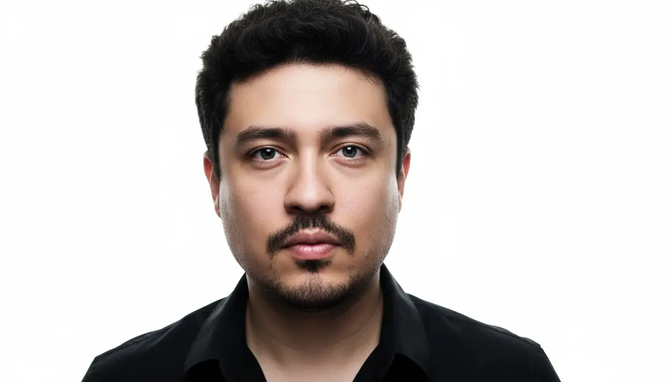 Minimalist profile portrait of a confident young man **with the exact same face direction and facial expression as the original photo**, clean studio background, thumbnail YouTube frame design, modern professional aesthetic, elegant soft lighting, sharp focus, editorial style, luxury branding look, clean sans-serif font, stylish and balanced composition.

**Using this image as reference: generate a hyperrealistic editorial portrait of the same person, preserving facial structure, skin tone, hair texture, and emotional expression with maximum fidelity. Do not remove natural imperfections—freckles, scars, pores, asymmetries, or wrinkles must be preserved to honor the subject’s authenticity and individuality.**

Remove the background entirely and isolate the subject (the man), then place him on a pure white background like the infinite white void in The Matrix movie style—clean, minimalist, and expansive for a cinematic feel. **Dramatically enhance the subject for high-resolution YouTube thumbnail use in HD (preferably 4K or 1080p) with ultra-crisp digitalized quality—like a professional studio retouch.** Preserve the exact face direction and facial expression without any changes—**sharpen facial details to perfection, boost contrast for striking definition, brighten skin tone noticeably for a healthy, glowing, clean appearance while keeping it natural.** Subtly smooth skin without removing natural texture. **Sharpen and super-brighten the eyes dramatically for intense, captivating engagement.**

**Enhance overall lighting to simulate professional photo studio-style soft front lighting with cinematic depth—add strong subtle highlights and shadows for a polished, film-like professional quality, rich in contrast with glowing highlights that sculpt the face.** Make the black shirt **much deeper, richer, and impeccably clean** in color. **Increase color saturation moderately for a bold, punchy, and vibrant look.**

Do not cartoonize, warp, or alter facial structure, direction, or expression. Keep the appearance **realistic but digitally polished to perfection—like a high-end magazine cover with thick film grain and subtle hazy glow for editorial realism.**

**Camera settings:**
- Lens: 50mm f/1.4 (for emotional intimacy and cinematic compression)
- ISO: 400
- Aperture: f/1.8
- Shutter speed: 1/125s
- Format: horizontal (16:9 aspect ratio for YouTube thumbnail)
- Lighting: elegant soft studio (~5600K) with cinematic highlights
- Color grading: balanced contrast, subtle glow, light grain
- Mood: confident, modern luxury, editorial polish
- Atmosphere: clean studio, professional minimalism

Output the final image as a high-resolution PNG with the white background — suitable for YouTube thumbnails, overlays, or graphic compositions.  
**--v 5 --ar 16:9 --style raw --quality 2 --ref_photo**