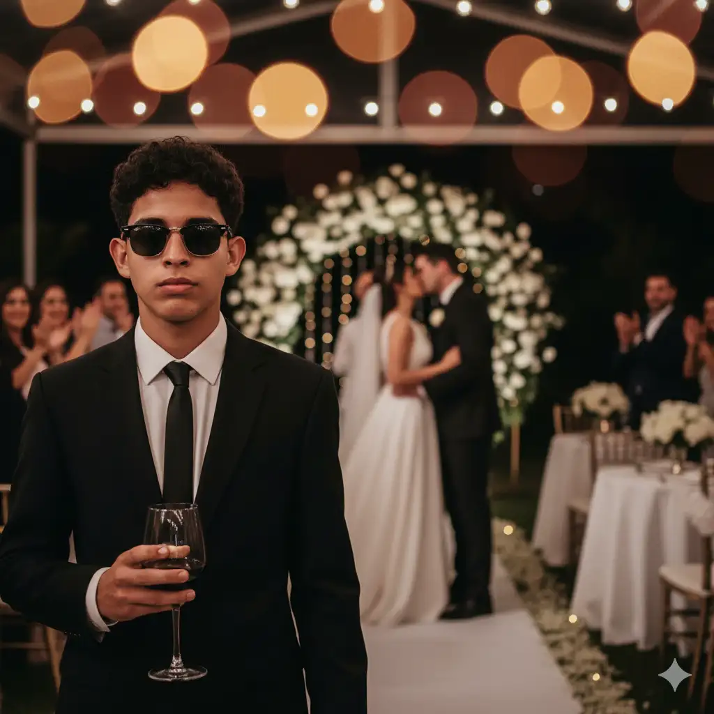 Generate an image of a wedding scene using the young man in the attached photo as a reference for the foreground. Position him slightly left of center, wearing dark Wayfarer-style sunglasses, a well-fitting black suit, a white shirt, and a skinny black tie. He should be holding a red wine glass by the stem in his right hand and looking directly at the camera with a serious or expressionless expression. Light his face and upper body primarily.
In the background, blurred but recognizable, place a newlywed couple sharing a passionate kiss: the bride in a sleeveless white dress and the groom in a dark suit. Place them on a white carpet or wedding aisle, with a white floral arch behind them. Add blurred silhouettes of guests around them, some applauding.
The setting should be outdoors or in a space with an open ceiling, with hanging string lights (warm bokeh) overhead. On the right, include tables with light tablecloths and chairs, suggesting the reception.
 Use a dark, warm color palette: black for the suits, white for the dress and the road, and golden and reddish tones in the lights and the wine. The composition should highlight the contrast between the distant young man and the loving coupl
