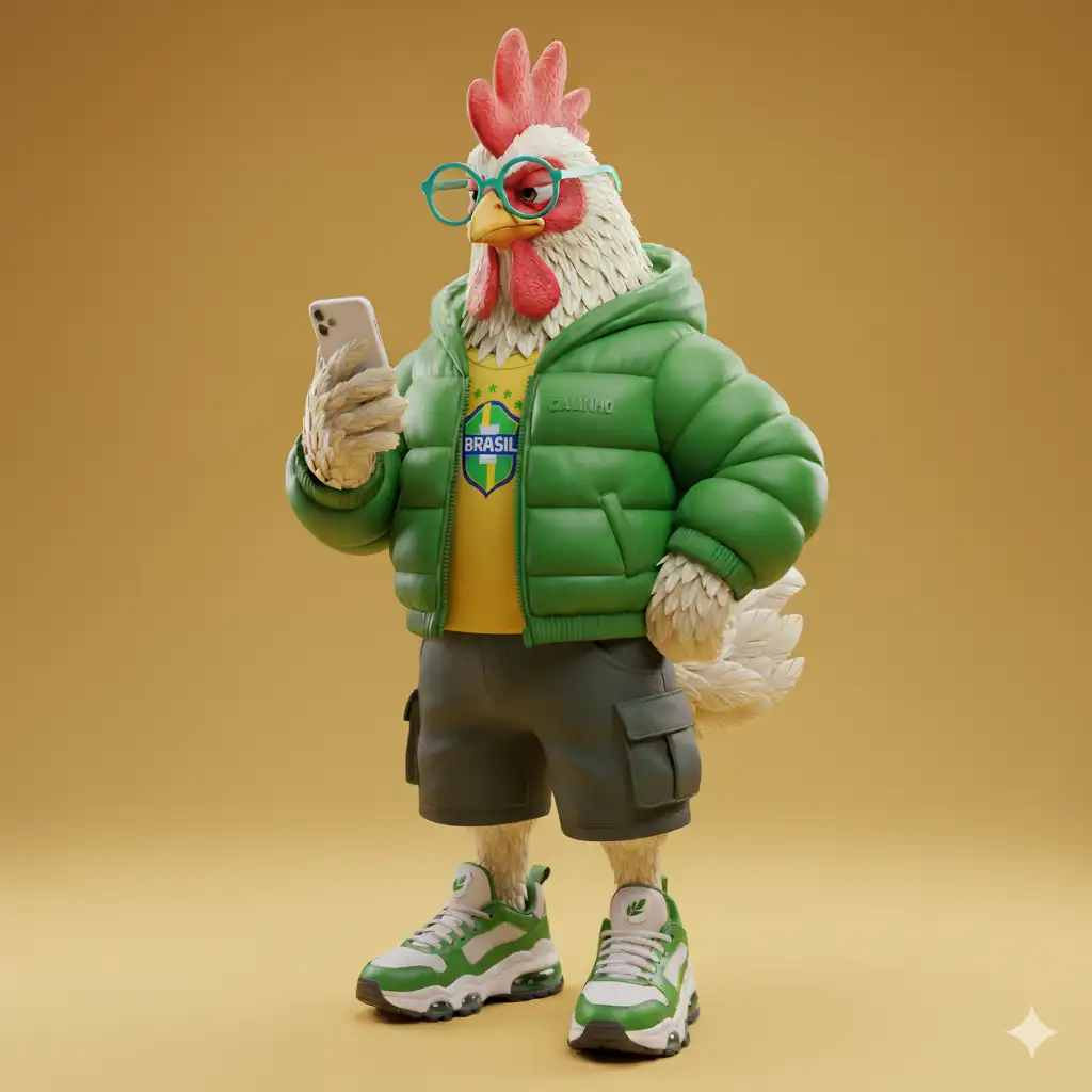 A highly detailed 3D render of a cool, athletic, tall, anthropomorphic chicken character standing upright, wearing trendy streetwear, and looking at a smartphone. The chicken has realistic feather textures in white and cream, with a vibrant red comb and wattle. It wears stylish turquoise-rimmed glasses. The outfit consists of a puffed vibrant green hooded jacket with the word "GALINHO" faintly visible on the chest, dark-green cargo shorts, and a yellow t-shirt underneath with Brasil logo. On its feet are chunky green and white sneakers with visible air pockets in the soles and small logos on the tongues. The chicken holds a white smartphone in its left hand, seemingly scrolling. The background is a solid, warm yellow, creating a high-contrast, studio-like setting. The lighting is soft and even, highlighting the textures and details of the character and clothing. The overall aesthetic is playful and modern, with a focus on character design and rendering quality.
