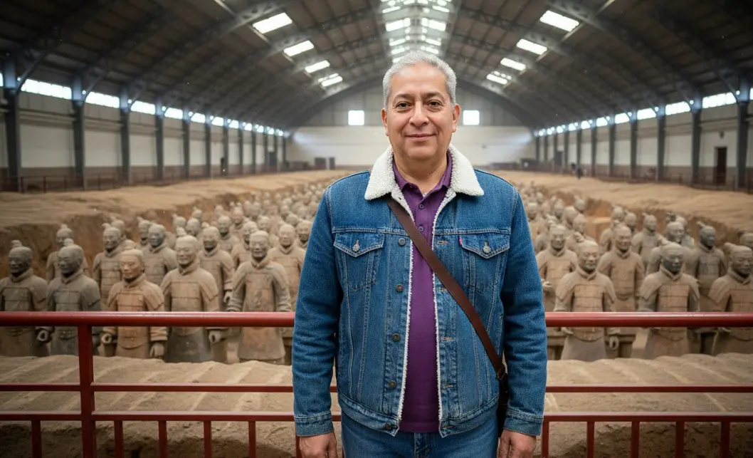 con mi foto Genera un retrato cinematográfico fotorrealista en alta calidad 4K, con estética de objeto físico real posteriormente fotografiado y etalonaje cinematográfico tipo película IMAX, logrando un resultado completamente indistinguible de una fotografía profesional. La escena se plantea en formato vertical de retrato, con composición equilibrada y profundidad espacial realista, situando al sujeto ligeramente descentrado para permitir la lectura clara del entorno histórico.
El sujeto es un hombre de pie frente al yacimiento del Ejército de Terracota en Xi’an, con una leve sonrisa, cejas suavemente levantadas y una expresión abierta y confiada mientras mira directamente a cámara. Debe conservar el 100% de su fisionomía real, replicando con precisión fotográfica los rasgos faciales, proporciones anatómicas, volumen corporal, estructura ósea, expresión y textura de piel. El rostro se integra de manera perfecta con la iluminación y el entorno, sin reinterpretaciones estilizadas ni alteraciones digitales. La piel presenta poros visibles, micro imperfecciones naturales, variaciones sutiles de tono y brillos controlados coherentes con una captura real, sin suavizado artificial ni apariencia digital.
Viste una chaqueta de Jean azul medio con cuello de ovejo, botones metálicos y bolsillos en el pecho, sobre una camiseta púrpura de cuello tipo polo. Lleva Jean azul clásico a juego con la chaqueta, conformando un conjunto informal y coordinado de Jean sobre Jean. Las
telas muestran fibras visibles, costuras definidas, pliegues naturales y respuesta física correcta a la luz. Los botones metálicos presentan reflejos no uniformes, micro rayones visibles solo al observar de cerca y ligeras irregularidades en los brillos. Una correa sencilla de cuero marrón cruza su hombro izquierdo, con textura orgánica, poros del material, desgaste sutil y comportamiento realista frente a la iluminación.
Detrás del sujeto se extiende el vasto yacimiento arqueológico del Ejército de Terracota, con miles de soldados de arcilla de tamaño natural dispuestos en filas dentro de trincheras de tierra. Cada figura muestra rasgos faciales, peinados y armaduras únicos, con textura cerámica realista, desgaste histórico, micro fisuras y variaciones cromáticas propias del material antiguo. El conjunto se encuentra bajo un enorme techo arqueado de acero, con estructura visible y tragaluces superiores que permiten el ingreso de una luz natural suave y difusa. Una barandilla metálica roja separa al hombre del yacimiento, con pintura ligeramente desgastada, micro rayones perceptibles en observación cercana y reflejos sutilmente irregulares.
La iluminación es natural y controlada, filtrada por los tragaluces, generando sombras suaves, contraste moderado y volumen auténtico en el rostro, el vestuario y las esculturas. El comportamiento de la luz sigue principios físicos reales, con profundidad óptica auténtica, enfoque preciso y transición natural entre planos. En toda la escena se integran ligeras motas de polvo suspendidas en el aire, visibles al interactuar con la luz, reforzando la sensación de espacio real y atmósfera física.
El resultado final debe ser un estilo fotorrealista 100% humano, sin apariencia digital, sin ruido sintético ni efecto CGI perceptible, con textura real, imperfecciones naturales y una atmósfera cinematográfica sobria y elegante, logrando una imagen de calidad maestra que combine la presencia humana con la grandeza histórica del entorno