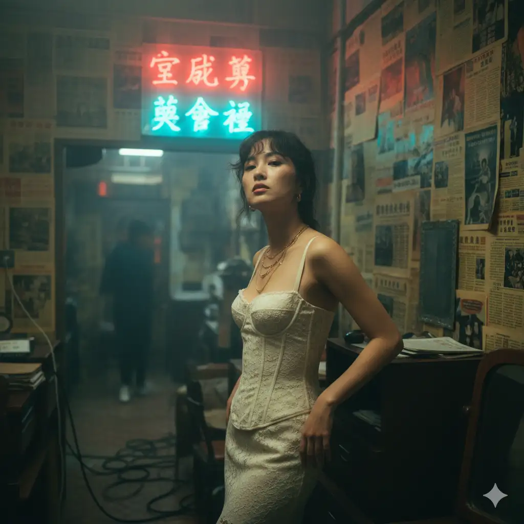Use the photo above as the reference. Create a photorealistic Hong Kong retro portrait with authentic 1990s film look, like a moody movie still. Strictly preserve identity (eyes shape, lips, nose bridge, jawline, skin tone). Vertical portrait, mid-thigh to head (3/4 body). Subject standing, leaning slightly toward camera with both hands resting on a small wooden cabinet behind her; shoulders relaxed. Chin slightly down, gaze up toward camera with a melancholic, calm expression. Scene: tight messy Hong Kong room, walls plastered edge-to-edge with yellowed Cantonese newspapers. Behind subject: hazy neon Chinese signage (red + cyan) glowing through mist near the ceiling.
Cluttered furniture: compact cabinet, scattered cables, small mirror edge visible. Wardrobe & Styling: cream/ ivory lace corset-style dress (tasteful, non-revealing), layered delicate gold necklaces, small hoop or pearl earrings. Hair tousled with wispy bangs across forehead.
The face must be a precise copy of my real facial features, do not change the face, and make it a high-resolution photo.