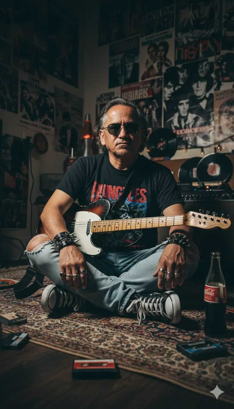 Escena interior inspirada en rock alternativo, foto adjunta con las mismas características de imagen proporcionadas con una camiseta gráfica negra, jeans rotos claros, Converse negras, pulseras y anillos con púas, guitarra eléctrica unida a su lado, sentada en una alfombra vintage rodeada de cintas de casete y botella de refresco.
Habitación poco iluminada con carteles grunge y rock y decoración retro, vibración temperamental y rebelde, aspecto cinematográfico audaz.