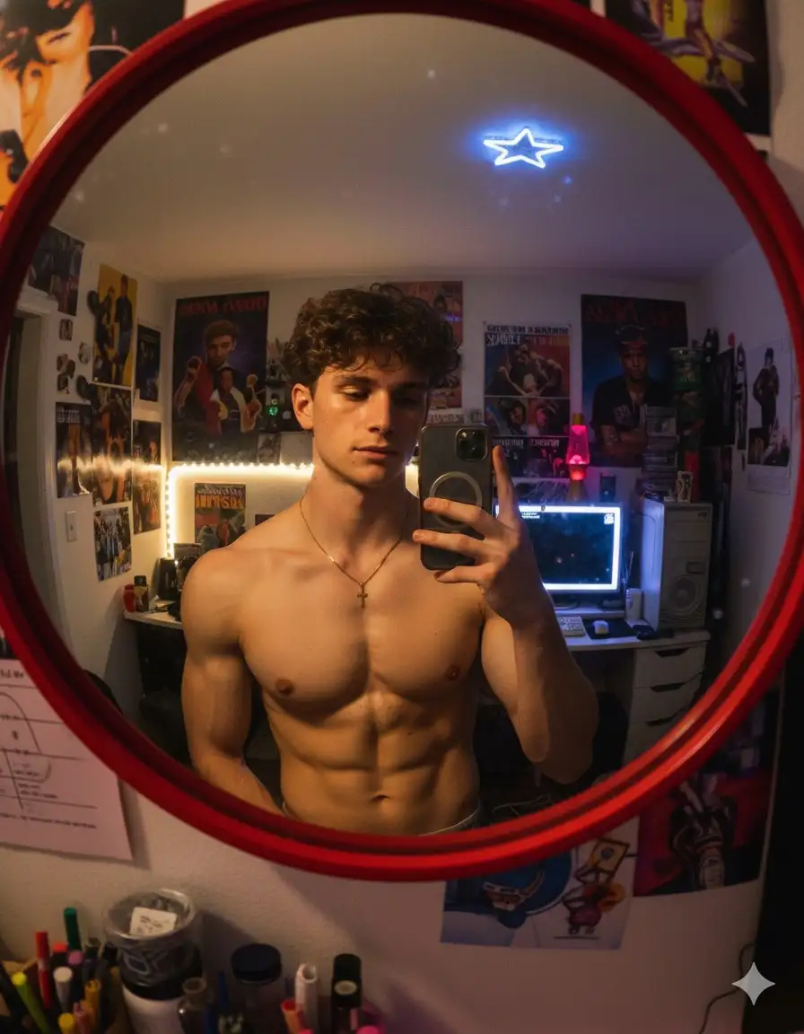 Crea un retrato hiperrealista de la persona de la foto de referencia, conservando todos los rasgos faciales únicos. Crea un selfie editorial retro inspirado en el Y2K dentro de un espejo convexo en el dormitorio de un chico por la noche. Un joven guapo sin camisa y con un físico tonificado, capturado en un selfie de cerca a través de un gran espejo convexo de marco rojo, creando un reflejo curvado al estilo ojo de pez.