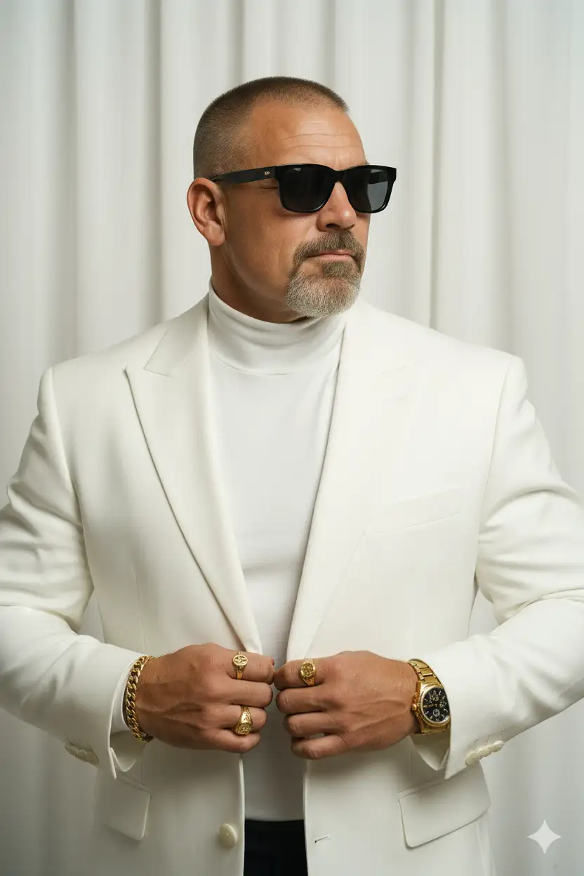 Ultra realistic, high resolution, cinematic portrait of a person, face with the face from the uploaded image, keeping the facial features exactly the same. He is wearing a crisp white turtleneck and tailored white blazer with structured shoulders, accessorized with gold rings on multiple fingers, a stylish bracelet, and an elegant luxury watch. He is adjusting his blazer with both hands, looking confidently to the side, wearing sleek black rectangular sunglasses. The background is soft, white draped fabric creating a clean, soft, and minimalistic environment. Soft lighting enhances skin texture, fabric folds, and metallic jewelry details, giving a sophisticated, high fashion, editorial look.