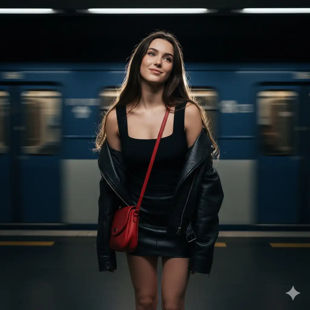 Taken a sudden burst of bright camera flash dramatically cleaves through the deep shadows of an empty metro station, spotlighting a young woman with long, glossy brunette hair cascading naturally over her shoulders. Her slender, average frame leans forward in a poised, playful stance, shoulders angled subtly while her face tilts upward and to the side, a mischievous smile softened by delicate lashes casting gentle shadows. She wears a fitted black top with a square neckline beneath an oversized, textured leather jacket slipping casually off one shoulder.
At her side, a vibrant red leather bag gleams smoothly, contrasting with her black leather mini skirt. The stark interplay between fierce flash illumination and enveloping darkness sculpts a cinematic atmosphere, emphasizing tangible details-from fabric weave to skin pores.
Balanced within a natural composition, the scene conveys confident yet introspective presence immersed in a subdued urban environment where sharp contrasts and nuanced shadows define an evocative mood. Blurry train passing in the background, hairy movement