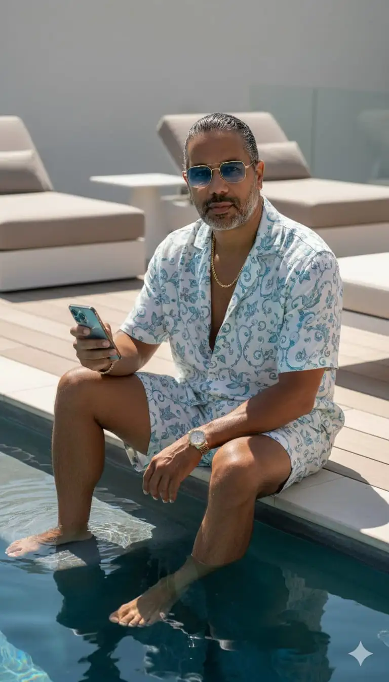 Un retrato cinematográfico y ultrarrealista de un HOMBRE de CUARENTA Y SIETE años a la moda sentado casualmente al borde de una piscina de lujo, con un pie sumergido en el agua, sosteniendo un teléfono inteligente (iphone 17 pro max) con confianza en la mano. Lleva una camisa de verano abierta de manga corta a juego y pantalones cortos con un diseño estampado blanco y azul cielo, cadenas de oro elegantes y se emana un ambiente relajado pero elegante. El entorno incluye sillones suaves, una mesa blanca minimalista y reflejos de luz natural en el agua de la piscina, creando un lujoso ambiente de vacaciones.
Apariencia: -Utilice la cara, la expresión natural y la estructura facial exactas de la foto de referencia proporcionada. -Peinado: replica el peinado exactamente como en la foto de referencia proporcionada, sin alteraciones.
-Gafas de sol: reproduzca las gafas de sol exactas de la imagen de referencia proporcionada (montura dorada con lentes rectangulares azules degradadas), sin ninguna alteración. Complexión atlética media, textura de piel realista, con tatuajes conservados si están presentes El atuendo de referencia-Conjunto
ligero de camisa y pantalón corto de verano con estampados blancos y
celestes. -Estilo de pecho abierto para un look relajado junto a la piscina.
-Accesorios sutiles: reloj de pulsera y pulsera. Atmósfera y estilo: -Fotografía cinematográfica, ultrarrealista-Luz diurna brillante con sombras suaves naturales-Fuerte énfasis en las texturas: reflejos de agua, detalles de tela, madera junto a la piscina Superficie Lujo, moderno, ambiente veraniego
Enfoque nítido en el sujeto, fondo ligeramente borroso Resolución 8K, toma editorial con calidad de estudio-Composición de retratos, relación de aspecto 3:4