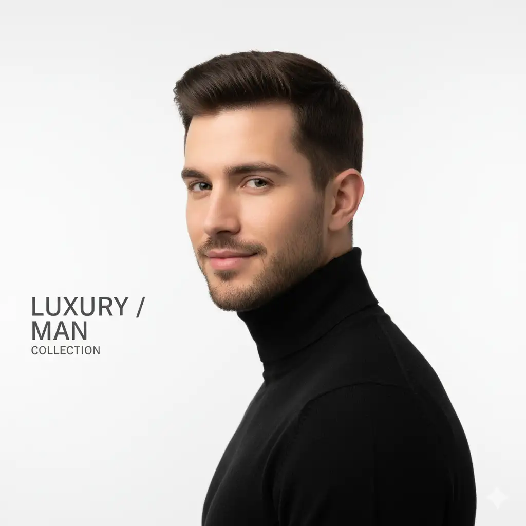 Minimalist profile portrait of a confident young man in a black turtleneck / of Your choice, clean studio background, square frame design, modern professional aesthetic, elegant soft lighting, sharp focus, editorial style, luxury branding look.clean sans-se font, stylish and balanced composition.