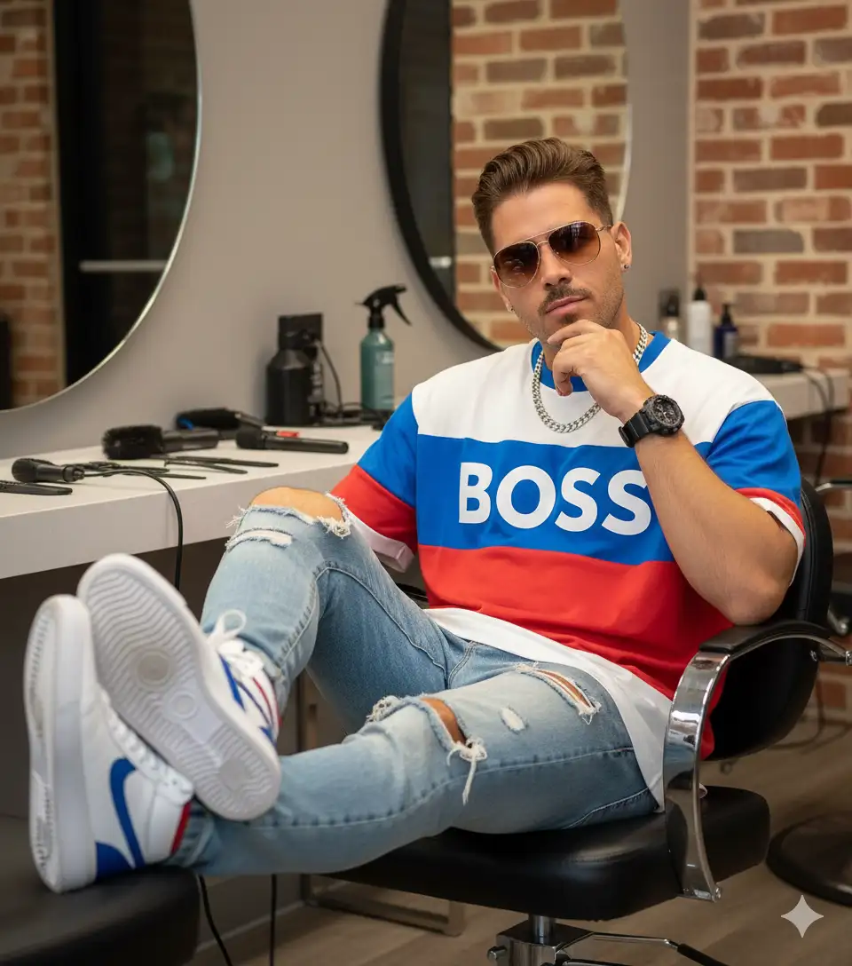 A handsome man (identical to the reference photo, maintaining the original facial features) with a relaxed street-style vibe, sitting in a beauty salon chair with both legs casually resting on the table. He is wearing an oversized white, blue and red Boss t-shirt, ripped light blue jeans, brown sunglasses, a silver chain necklace, a G-Shock watch on his wrist, and white high-top sneakers. His hair is styled simply in a neutral tone that complements his outfit. He leans back in a confident yet relaxed pose — one hand lightly touching his face, while the other rests on the armrest of the chair.
Style: Photorealistic, urban street style aesthetic.
Lighting: Natural indoor lighting with soft shadows and slightly warm tones, enhancing the relaxed atmosphere.
Composition: Medium shot, subject centered in a salon environment with mirrors, scattered beauty tools, and raw urban details.
Details: Realistic fabric textures (with the Boss logo clearly visible on the t-shirt), fine hair strand detailing, reflective sunglasses, metallic shine on the silver chain, details on the G-Shock watch, worn textures on the sneakers, and subtle skin shine. A confident expression with an effortless mood in a stylish urban setting.
Quality: High detail, 8K, masterpiece, cinematic photography.
