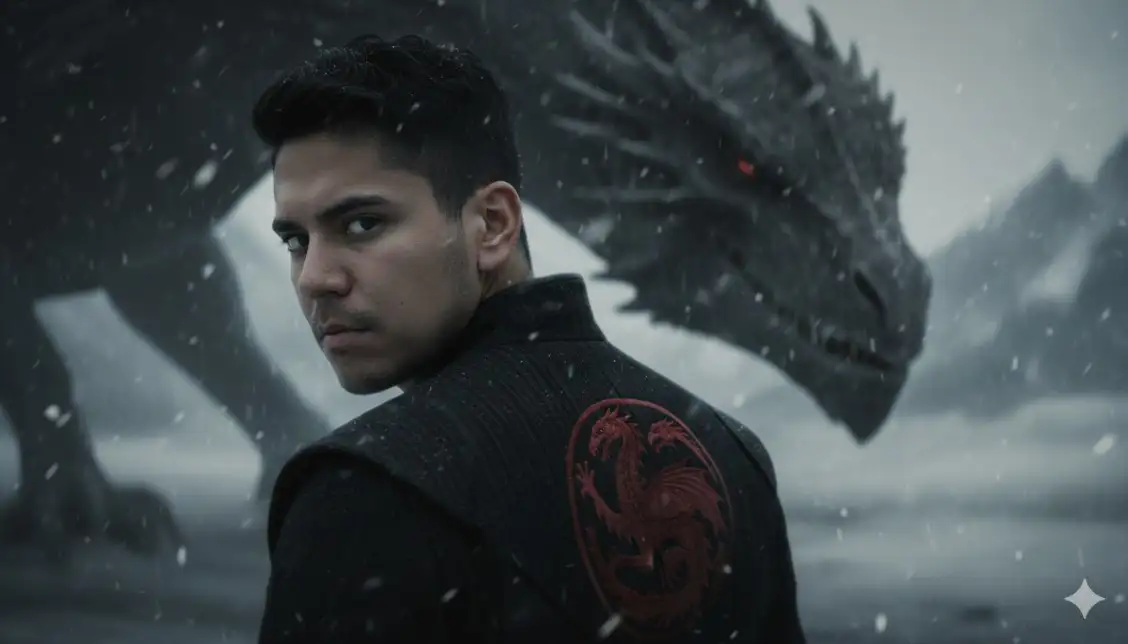 Tómate una foto en un ambiente frío con el rostro de Drogon al fondo. Debe estar un poco borrosa. El hombre debe estar de espaldas a ti, girando la cabeza solo hacia la izquierda. Debe llevar ropa negra de Targaryen, ligeramente borrosa, con el rostro y los rasgos de la persona (sin alterar los rasgos faciales ni el cabello rizado). El mismo hombre de la foto que te muestro.