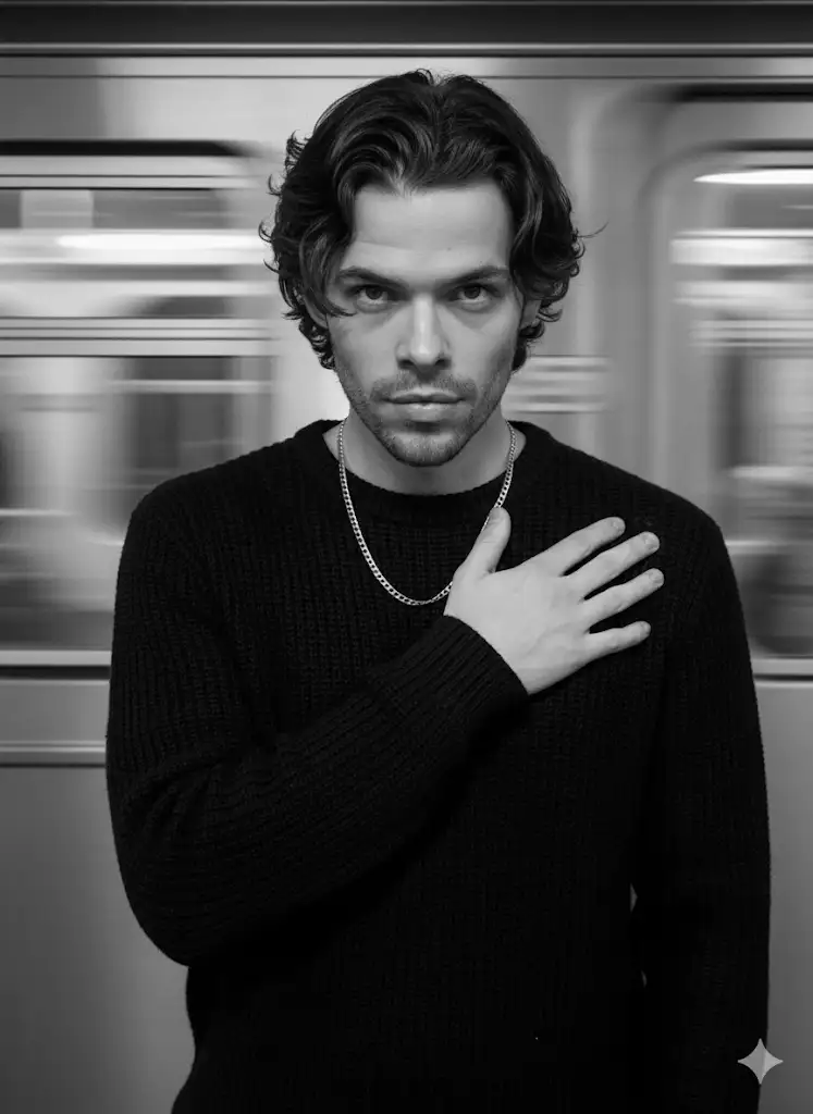 Create a black and white portrait of this young man standing in front of a moving subway train. he is a wearing a textured black sweater and a silver necklace. his hair is medium length and wavy, and his skin is fair and flawless. the lighting is soft but focused, highlighting his intense, serious experience. he stands centered, facing the camera with one hand held across his chest. the train is blurred in motion behind him for a dramatic effect. maintan a moody, cinematic tone
