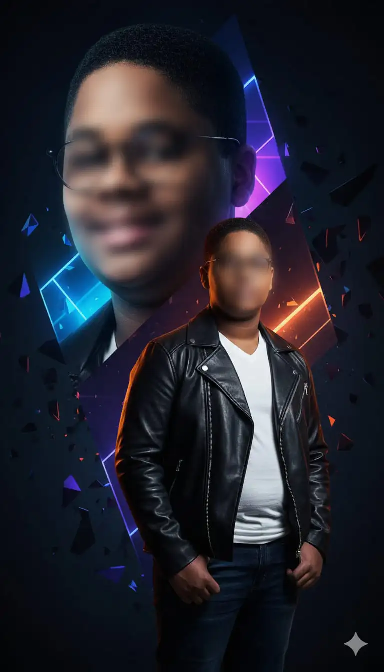 Póster collage de fotos 4K ultrarrealista (con un rostro 100 % idéntico) de la foto subida, donde el chico ADOLECENTE de 15 años luce una moderna chaqueta de cuero negra, camiseta BLANCO y vaqueros. El collage combina varias tomas creativas (un primer plano y una pose de cuerpo entero), todo ello sobre un fondo oscuro y evocador con formas abstractas brillantes y sombras dinámicas. El estilo general es el de un póster cinematográfico de alto contraste, con una iluminación impactante y una atmósfera elegante y moderna, sin texto