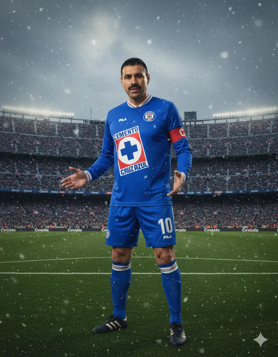 Convierte la foto en un jugador de fútbol masculino del equipo (), respeta al 100% los rasgos faciales y el cabello, debe estar parado en el campo del Camp Nou (Barcelona).
Lleva un uniforme del equipo de fútbol (adjunto foto del jersey para su referencia), shorts azules y zapatos negros con detalles en dorado. Aparece de pie con una pose segura y las manos ligeramente levantadas. Su expresión facial es seria y atractiva. Su cuerpo es atlético como el de un futbolista. A su alrededor hay muchos espectadores vestidos con ropa de varios colores.
El campo verde con el fondo del estadio abarrotado se ve nublado y está cayendo nieve ligera. La iluminación es tenue, dando la impresión de un ambiente de tarde o noche. La composición de la imagen muestra la tensión de los jugadores y el fondo del estadio. Hay un número "10" en su uniforme y está usando el gafete de capitan. Iluminación realista de la imagen. Proporción 9:16