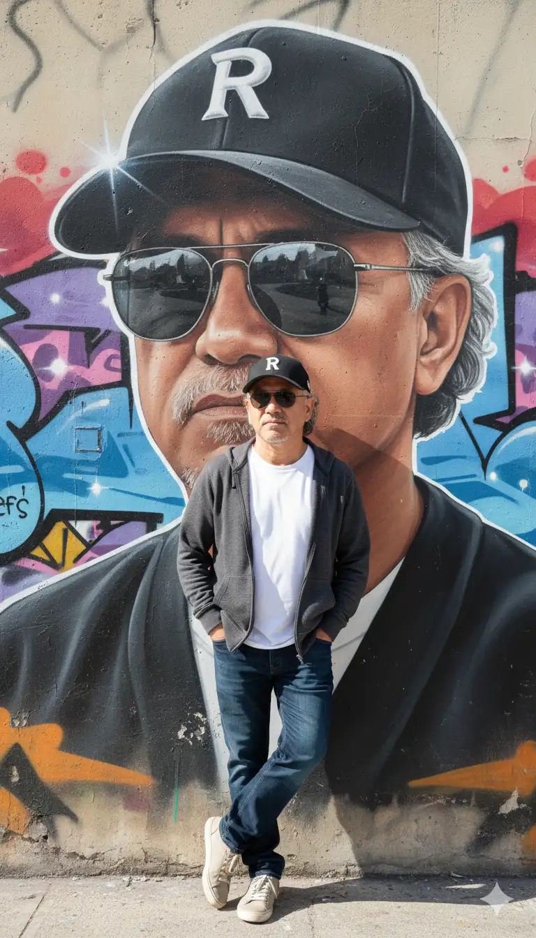 Urban fashion portrait of a person leaning against a covered wall. The wall features a huge hyperrealistic portrait that is an accurate reproduction of the person's own face, creating a powerful graphic echo. The person and the portrait are wearing a baseball cap. The person is wearing a plain white t-shirt under a gray zip-up sweatshirt, with dark colored jeans. Their posture is relaxed and confident. The scene is lit by daylight. A subtle flare creates a sharp light at the edge. Shot on an 85mm lens at f/1.8, maintaining a shallow depth of field. Editorial fashion photography, street art, graphic mural, hyperrealistic, vibrant colors, urban style, candid moment --ar 4:3 --v 6.0 --raw style. #gemini #prompt #world #chatgpt #man