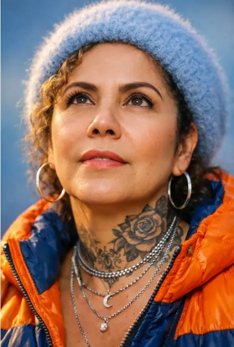 con mi foto crea Retrato en primer plano ultrarrealista de una mujer que usa un gorro azul suave y peludo, tatuajes detallados en el cuello, aros plateados, collares en capas, chaqueta de invierno naranja y azul, mirando hacia arriba con expresión de ensueño, suave luz solar natural que golpea su rostro, enfoque nítido en los ojos, poca profundidad de campo, fondo degradado azul suave, contraste de color vibrante (azul y naranja), iluminación cinematográfica, lente de 85 mm, f/1.8, textura de piel de alto detalle, fotorrealista, resolución 8K, estilo de fotografía de moda editorial, sombras suaves, gradación de color profesional. en formato 9:16