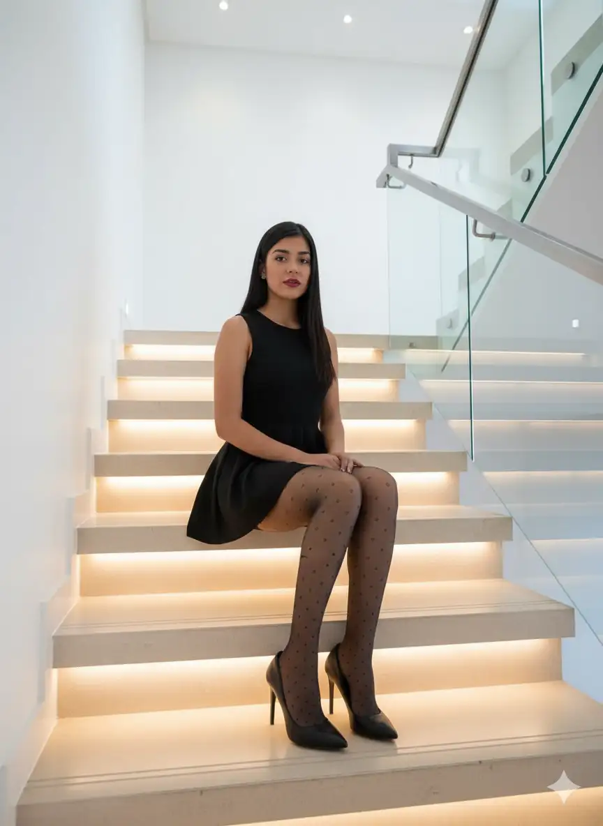 crea una imagen hiperealista, 8k, con la sigueinte imagen de modelo, aplicando esta descripcion:
Sujeto principal: Una mujer joven, de tez clara y cabello oscuro liso que le cae sobre los hombros. Sus rasgos faciales son delicados, con ojos oscuros y labios pintados de un tono rojizo o rosado intenso. Su expresión es seria y segura, mirando directamente a la cámara.
Vestimenta: Viste un vestido negro sin mangas, de corte simple y falda ligeramente acampanada que llega hasta la mitad del muslo. Lleva medias de patrón oscuro con pequeños rombos o puntos, lo que le añade un toque distintivo a su atuendo. Sus zapatos son de tacón alto y color negro, elegantes y puntiagudos.
Pose: La mujer está sentada en el cuarto o quinto escalón desde abajo, con las piernas cruzadas y las manos apoyadas en sus muslos. Su cuerpo está ligeramente girado hacia la izquierda, pero su rostro mira de frente al espectador, transmitiendo una sensación de confianza y serenidad.
Entorno: La escalera es el elemento central del fondo. Es de diseño contemporáneo, con escalones anchos y lisos que parecen estar hechos de un material claro, posiblemente madera clara o piedra pulida. Cada escalón tiene una tira de luz LED integrada en el borde, lo que crea un efecto luminoso y ambiental muy atractivo.
Barandilla: Una barandilla de cristal transparente con soportes metálicos plateados acompaña la escalera, contribuyendo a la estética minimalista y moderna del espacio.
Fondo: El fondo detrás de la mujer y la escalera es una pared de color blanco liso, que enfatiza aún más el diseño limpio y moderno del lugar. En la parte superior de la imagen se pueden ver algunas luces empotradas en el techo.
Iluminación: La iluminación principal proviene de las tiras LED de los escalones, creando un brillo suave y cálido que ilumina el área alrededor de la mujer. También hay una iluminación general difusa que resalta los contornos de la mujer y el entorno sin crear sombras duras.
Estilo general: La fotografía tiene un estilo elegante y sofisticado, con un enfoque en la moda y el diseño interior moderno. La composición es equilibrada, y la pose de la mujer es natural y atractiva.