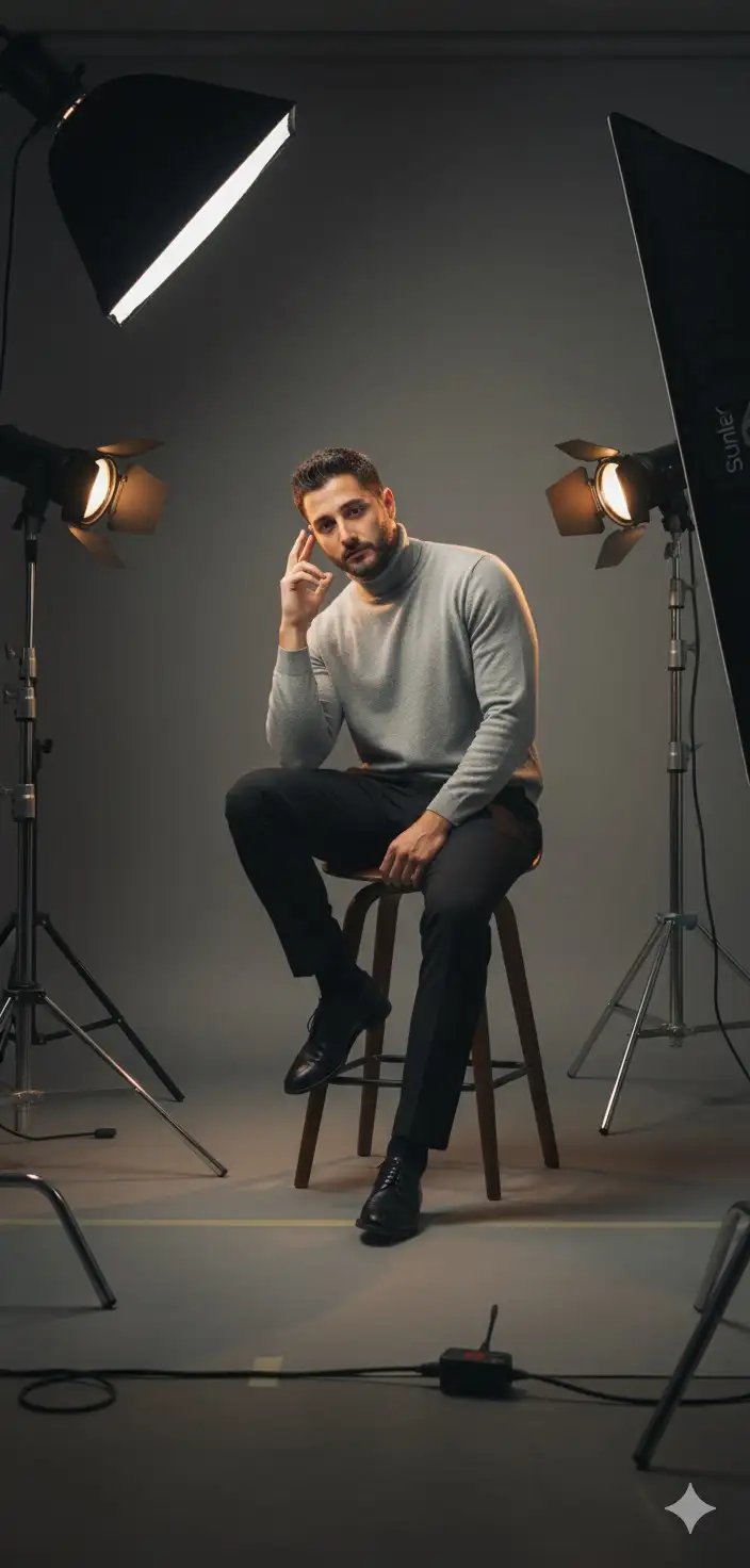 A cinematic 4K studio portrait. He sits casually on a stool in a professional photography studio, surrounded by softbox and spotlight equipment. He wears grey turtleneck sweater and black pants, in a relaxed and confident pose, with one hand touching his face and the other resting on his leg.
The background is minimalistic grey, enhanced by dramatic studio lighting that creates soft shadows and a stylish atmosphere. Ultra-detailed portrait, 4K resolution, professional editorial photography style.
