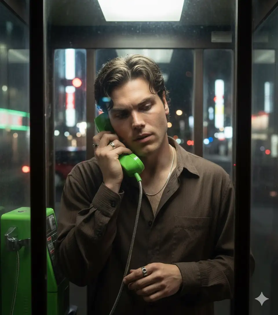 Wide shot realistic photography of a young man like the photo I uploaded don't change his face standing inside a Japanese public telephone booth with slightly foggy transparent glass, using a typical Japanese neon green telephone. He is wearing a loose dark brown shirt, with a soft textured fabric that is slightly wrinkled, the top button is open, revealing a thin silver chain around his neck and several shiny metal rings on his fingers. His black hair is slightly long, falling to the side of his face. The white neon light from the lamp above the telephone booth falls directly on his head, creating a harsh light effect with dramatic shadows on his face and shoulders, adding to the cinematic feel. His expression is gloomy, his eyes are slightly droopy, as if immersed in a heavy telephone conversation. The reflection of Japanese city lights and dark streets is faintly visible through the glass of the booth, giving the atmosphere of a melancholy urban night. The composition of the photo is made in a cinematic documentary photography style, emphasizing the lonely and mysterious atmosphere. The real textures on the glass, shirt, and skin are very detailed. Shot using a professional Sony A7R V camera with ultra high-definition quality. --ar 9:16 --v 6 --style raw --q 2 --s 1000 --hd