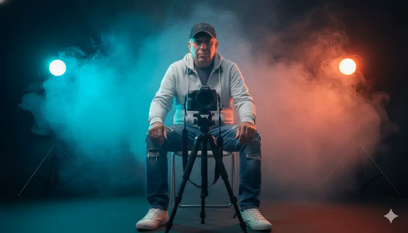 petrato cinematográfico ultra realista de [inserir a pessoa da foto] sentado de frente para a câmera, em um estúdio com iluminação dramática e atmosfera densa de fumaça colorida.
A pessoa está sentada em uma cadeira, com as mãos apoiadas sobre os joelhos e uma câmera profissional montada em um tripé posicionada à frente, centralizada no enquadramento, criando uma composição simétrica e poderosa.
O ângulo da câmera é frontal, levemente baixo (low angle), capturando o corpo da pessoa até os pés e destacando a presença dominante no centro da cena.
O enquadramento é vertical (portrait), mostrando o cenário de estúdio com duas luzes principais ao fundo — uma com luz azul ciano intensa à esquerda e outra com luz laranja avermelhada à direita — criando um contraste cinematográfico quente e frio.
O ambiente é envolto em névoa e fumaça difusa, com textura suave e volumétrica que reflete as luzes coloridas, dando um ar misterioso e artístico.
A pessoa veste moletom de cor clara (como branco ou cinza) e calça jeans rasgada, com tênis casuais.
O cabelo segue o estilo da pessoa inserida (mantendo comprimento, textura e penteado originais), e pode usar boné ou acessório similar, caso combine com o estilo.
A expressão facial é séria, confiante e focada, transmitindo a sensação de intensidade criativa e domínio técnico, como um artista por trás das câmeras.
O foco da lente está no rosto e na câmera em primeiro plano, com profundidade de campo suave (bokeh) desfocando levemente o fundo e as luzes.
Estilo fotográfico cinematográfico e moderno, com contraste alto, luzes coloridas complementares (teal & orange) e tons saturados.
Renderização em qualidade 8K, iluminação profissional de estúdio, detalhes nítidos de textura na roupa, pele e fumaça.
