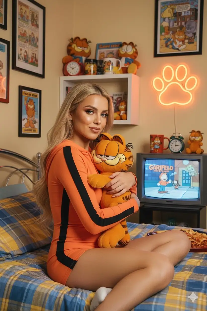 Usando la foto proporcionada como referencia facial Una sesión de fotos retro lúdica inspirada en Garfield. Una joven descansa perezosamente en su cama con un elegante mameluco corto ajustado de color naranja brillante con rayas negras atrevidas a los lados, haciendo eco del pelaje de Garfield. La capucha se empuja hacia atrás para revelar su cabello largo y brillante que cae alrededor de sus hombros en suaves ondas. Ella abraza un juguete de peluche Garfield en su pecho con una sonrisa, canalizando perfectamente su actitud sarcástica de "Odio los lunes".
Su maquillaje es cálido y brillante: sombra de ojos bronce y dorada brillante, pestañas atrevidas, rubor melocotón y labios brillantes de color albaricoque. El dormitorio está lleno de con nostalgia de Garfield: tiras cómicas retro de Garfield enmarcadas en las paredes, un estante apilado con tazas Garfield vintage, peluches y despertadores, y una caja gruesa de TV congelada en una caricatura de Garfield and Friends todavía. Un letrero con estampado de patas de naranja neón brillante agrega un brillo acogedor, mientras que un accesorio de lasaña a medio comer descansa juguetonamente en la mesita de noche.