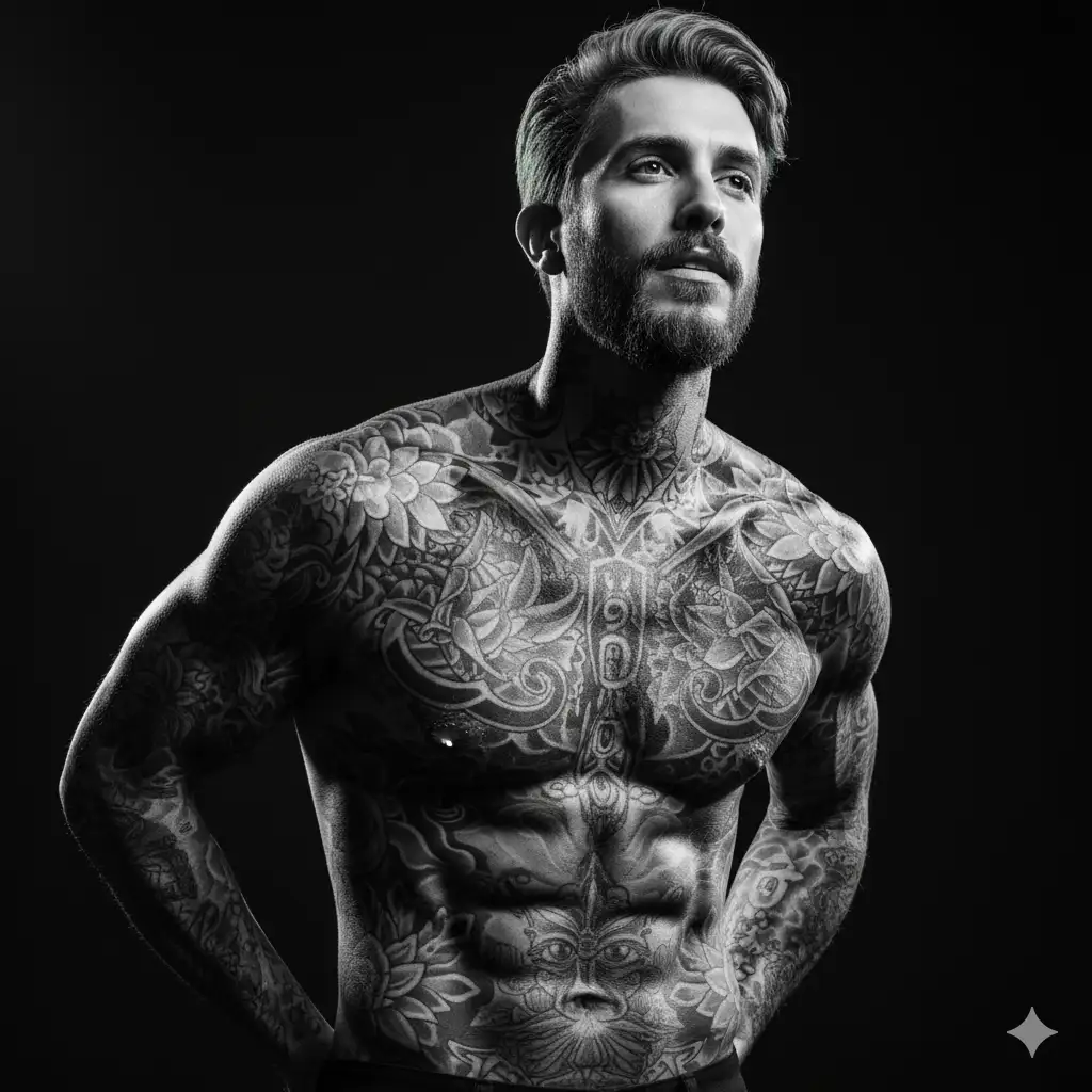 black and white photography, fashion editorial, a close up body portrait of the model (keep same face shape and details) with middle muscle tattooed body in studio lights in style Herb Ritts, highres, realistic photo, professional photography, cinematic angle, dynamic light back shining.