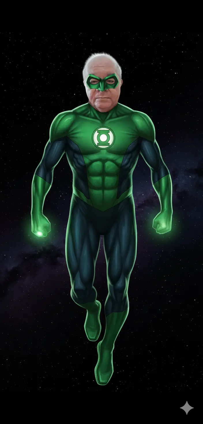 La imagen muestra a un hombre (usa la fotografía adjunta para referencia en la generación del rostro) vestido con un traje de Green Lantern. El traje es de un verde vibrante con detalles más oscuros que sugieren musculatura y texturas intrincadas, como venas o líneas energéticas. En el centro del pecho, hay un emblema brillante de color verde y blanco, que es el símbolo característico de Green Lantern.
El hombre tiene una máscara verde que cubre sus ojos y la parte superior de su nariz. Sus ojos son café oscuro y tiene una expresión seria y determinada. En su mano derecha, lleva un anillo que emite un resplandor verde brillante, la fuente de sus poderes. Su cabello es escaso, canoso y corto (tal como se ve en la fotografía), y su físico no es muy atlético.
Al hombre se lo ve como flotando lo que indicaría en el espacio exterior, en La toma se ve su cuerpo entero.
El fondo de la imagen es completamente negro, lo que hace que el personaje y su traje verde resalten aún más, creando un fuerte contraste y enfocando toda la atención en él. La iluminación proviene principalmente del anillo y del emblema en su pecho, creando un efecto de brillo y poder.
Crea la imagen manteniendo completamente íntegros todos los rasgos físicos y corporales del rostro de la foto adjunta.