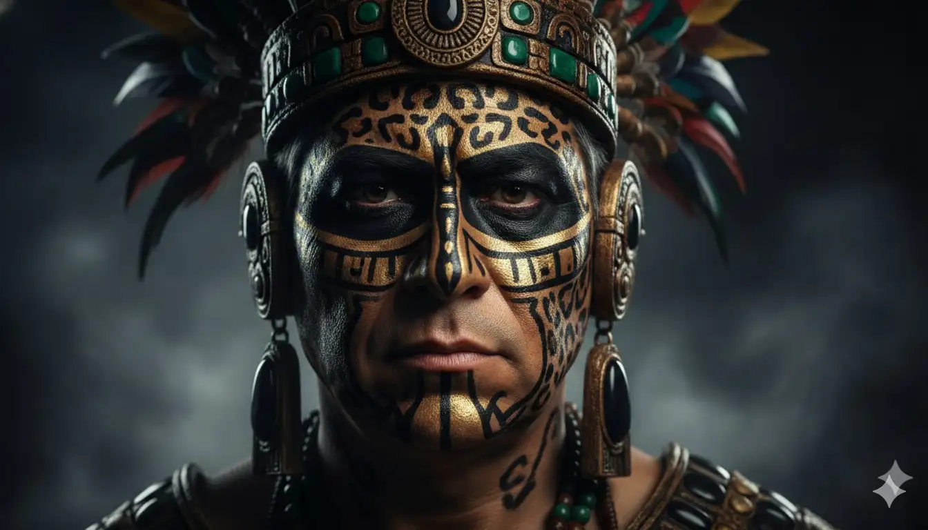 Último Guerrero Jaguar Retrato hiperrealista de un hombre azteca, guerrero jaguar, rostro pintado con patrones tribales en negro y dorado, mirada intensa, iluminación cinematográfica, fondo oscuro con humo, textura de piel húmeda, plumas y ornamentos de obsidiana, fotografía fine art dramática, lente 85 mm, f1.4, realismo ultra detallado —ar 3:4 —v 7 —style raw —q 2 —