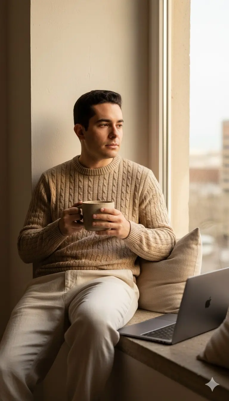 Aquí tienes el retrato editorial cinematográfico del hombre sentado junto a una gran ventana, sosteniendo una taza de cerámica y mirando pensativo hacia el exterior. Tiene una expresión contemplativa, vestido con un suéter de punto beige texturizado y pantalones de lino color crema. Un elegante portátil descansa a su lado en el alféizar de piedra con suaves detalles de tela y cojines neutros. La cálida luz natural del día se filtra, proyectando reflejos dorados y suaves sombras sobre la pared de yeso texturizada y el interior moderno y minimalista.