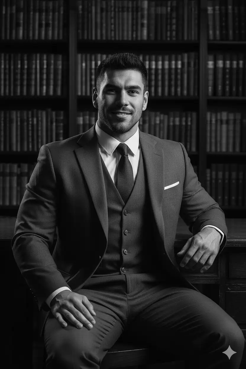 Convert this photo into a classic, high-contrast black and white portrait. Place the subject in a vintage-style library with shelves of old books creating a rich, textured background. Dress him in a sharp, tailored three-piece charcoal suit with a crisp white shirt. The lighting should be dramatic, like a single soft light source, creating depth and character. His posture should be seated, exuding quiet confidence.