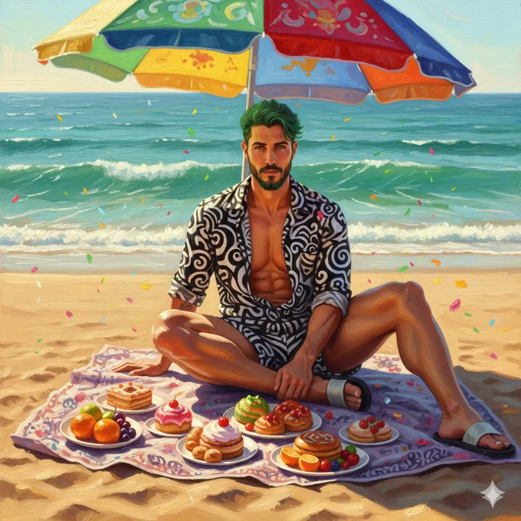 A hyper-realistic and surreal digital oil painting depicts a radiant person (use the uploaded picture as reference for the face), with athletic and defined body, with smooth skin, sitting gracefully beneath a large beach umbrella during a seaside picnic. Their figure is full and confident, with soft curves that enhance their striking presence. The person wears a bold black and white top and shorts detailed with subtle patterns, paired with casual slippers. The picnic scene features colorful foods arranged on a blanket, with sunlight reflecting off glossy textures. Behind the person, the shimmering ocean and golden sand create a dreamy, vibrant backdrop.