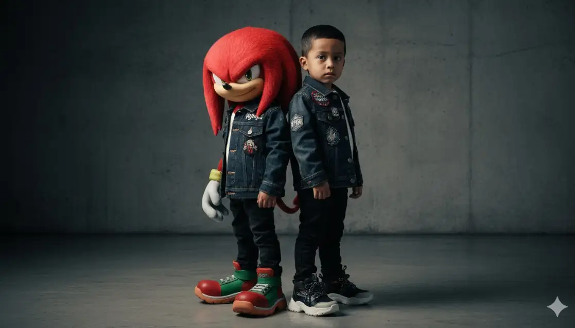Fotografía hiperrealista de moda de un niño modelo de 3 años, seguro de sí mismo (use el rostro real como referencia) (rostro real, rasgos fotorrealistas), que viste moda urbana contemporánea de alta gama, específicamente, una chaqueta vaquera estructurada con parches personalizados, pantalones oscuros ajustados y zapatillas deportivas gruesas. El niño posa con seriedad, de pie, espalda con espalda, con una versión realista, renderizada en 3D y muy detallada de Knuckles, el erizo. Ambos sujetos miran directamente a la cámara con una expresión decidida y asertiva. Entorno: Estudio de hormigón modernista y minimalista con una iluminación lateral dramática y cinematográfica. Fotografía: Tomada con un objetivo fijo Canon EOS de 50 mm. Profundidad de campo reducida (bokeh). Calidad: Resolución de 16k, hiperdetallada, fotorrealista, calidad de fotografía de moda comercial.