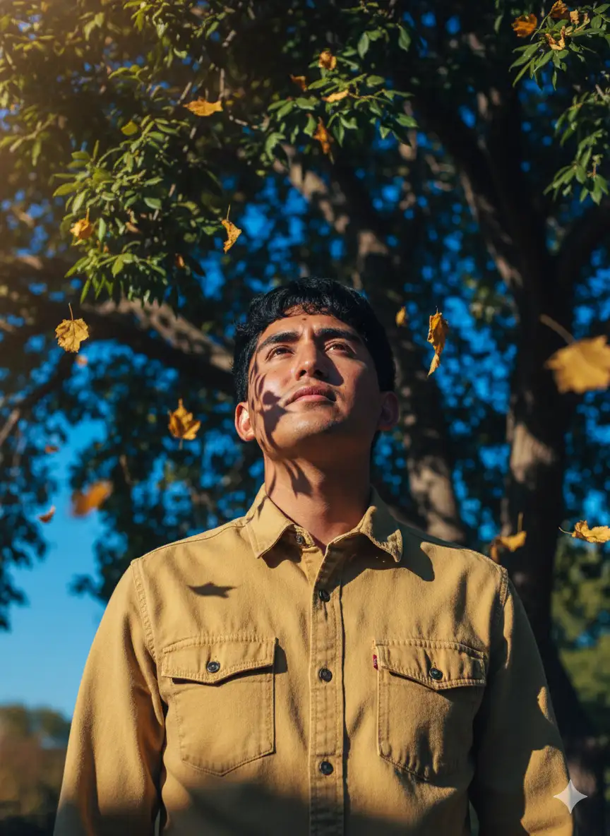 Hyperrealistic photographic portrait, a person standing beneath a tree, gazing upward with a contemplative, dreamlike expression. Their face and clothing are illuminated by dramatic dappled sunlight and shadows cast by the tree's leaves. The lighting is a surreal mix of deep blue ambient fill and warm, golden hour sunlight, creating a high-contrast and emotional scene.
The subject wears a long-sleeved yellow denim button-up shirt, fully buttoned with no other garment underneath. The fabric shows clear interplay of light and shadow with blue shadows and golden highlights across the folds and seams. The tree's branches and leaves frame the subject's face, casting intricate, sharp shadow patterns. All natural skin details are preserved: pores, fine lines, and skin texture.
The background is a vivid blue sky with scattered golden leaves, some captured frozen mid-air as if in a moment of stillness. The entire image has a poetic, cinematic quality.
cinematic still, magical realism, shot on a 50mm f/1.4 lens, wide aperture, shallow depth of field, professional color grading, photorealistic, hyper-detailed, sharp focus on the subject, volumetric lighting, dappled light --v 6.0 --ar 3:4 --style raw