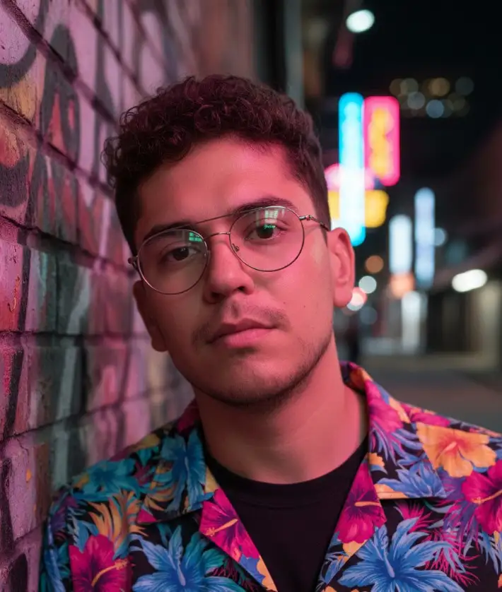 Usando la imagen subida, retrato hiperrealista en 8K con una precisión del 100 % en el rostro de un hombre con cabello castaño rizado y gafas redondas (el rostro no varía respecto a la referencia), con una camisa hawaiana abierta con estampado floral en colores vibrantes. Se apoya contra una pared cubierta de grafitis, iluminada por luces de neón en rosa, azul, morado y amarillo, con reflejos en su rostro. El fondo muestra un callejón nocturno desenfocado con letreros de neón brillantes y un suave efecto bokeh. Iluminación artística, moderna y dramática con poca profundidad de campo.