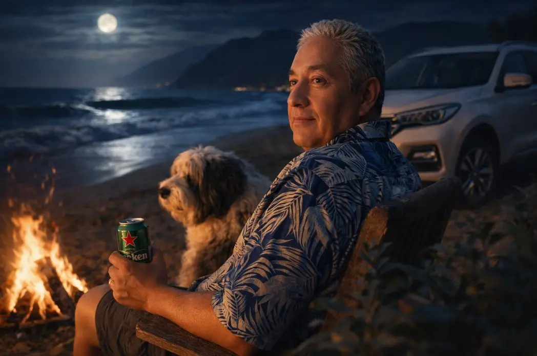 Genera una imagen cinematográfica hiperrealista en resolución 16K, con etalonaje profesional tipo película IMAX y calidad fotográfica extrema. El hombre debe conservar el 100% de su fisionomía real tomada de la foto de referencia, manteniendo intactos rasgos faciales, proporciones óseas, volumen corporal, expresión, textura de piel y micro detalles, integrados de forma natural con la iluminación y el entorno, sin ningún tipo de modificación estética. Escena nocturna en la playa. El hombre está sentado en un sillón rústico de madera junto a una hoguera encendida, con la mirada fija por encima del hombro, expresión serena e introspectiva. Sostiene en la mano una lata de cerveza Heineken, con reflejos metálicos realistas y condensación visible. Viste una camisa hawaiana estampada de manga media, con textura textil detallada, pliegues naturales y caída realista de la tela, y calzoncillos holgados con iluminación suave y sombras coherentes.
A su lado, un perro viejo pastor ingles con pelaje abundante, definido pelo a pelo, reflejando la luz cálida del fuego y la luz fría de la luna. Junto a ellos se ve completamente una chirey tiggo 4 pro blanca, estacionada, El fondo muestra montañas en penumbra y olas rompiendo contra la orilla, con espuma detallada y movimiento congelado de forma cinematográfica. La escena está iluminada por una luna llena intensa, combinada con la luz cálida y parpadeante de la hoguera, creando contraste cromático azul y ámbar. Plantas exuberantes en primer plano se superponen sutilmente al encuadre, aportando profundidad y sensación de inmersión.  
Composición en formato 1:1, toma a la altura de los ojos. Profundidad de campo reducida con bokeh cremoso y orgánico, enfoque extremadamente nítido en el sujeto principal. Color grading cinematográfico, rango dinámico amplio, negros profundos, altas luces controladas y contraste natural. Render con comportamiento físico real de la luz, iluminación global realista y profundidad óptica auténtica. El rostro del hombre debe ser exactamente igual al de la foto de referencia, sin alteraciones, perfectamente integrado con la iluminación ambiental y las sombras proyectadas. Estilo fotorrealista 100% humano, sin apariencia digital, sin suavizado artificial, con textura de piel real que muestre poros, imperfecciones naturales y micro detalles. El resultado final debe ser completamente indistinguible de una fotografía real tomada con una cámara profesional de cine. en formato 16:9