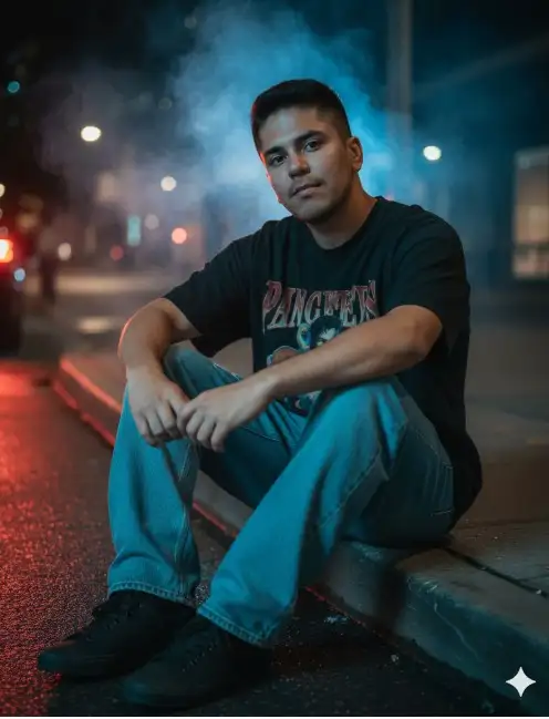 Un hombre joven (usa la foto adjunta como referencia) lleva una camiseta negra extragrande con estampado vintage y vaqueros azules anchos y extragrandes. Está sentado en una pose relajada, mirando directamente a la cámara en un ambiente misterioso, iluminado por una luz azul con una fina capa de humo y la dramática iluminación de los faros traseros. Su expresión es tranquila y carismática, creando un aura elegante, misteriosa y moderna de moda minimalista.